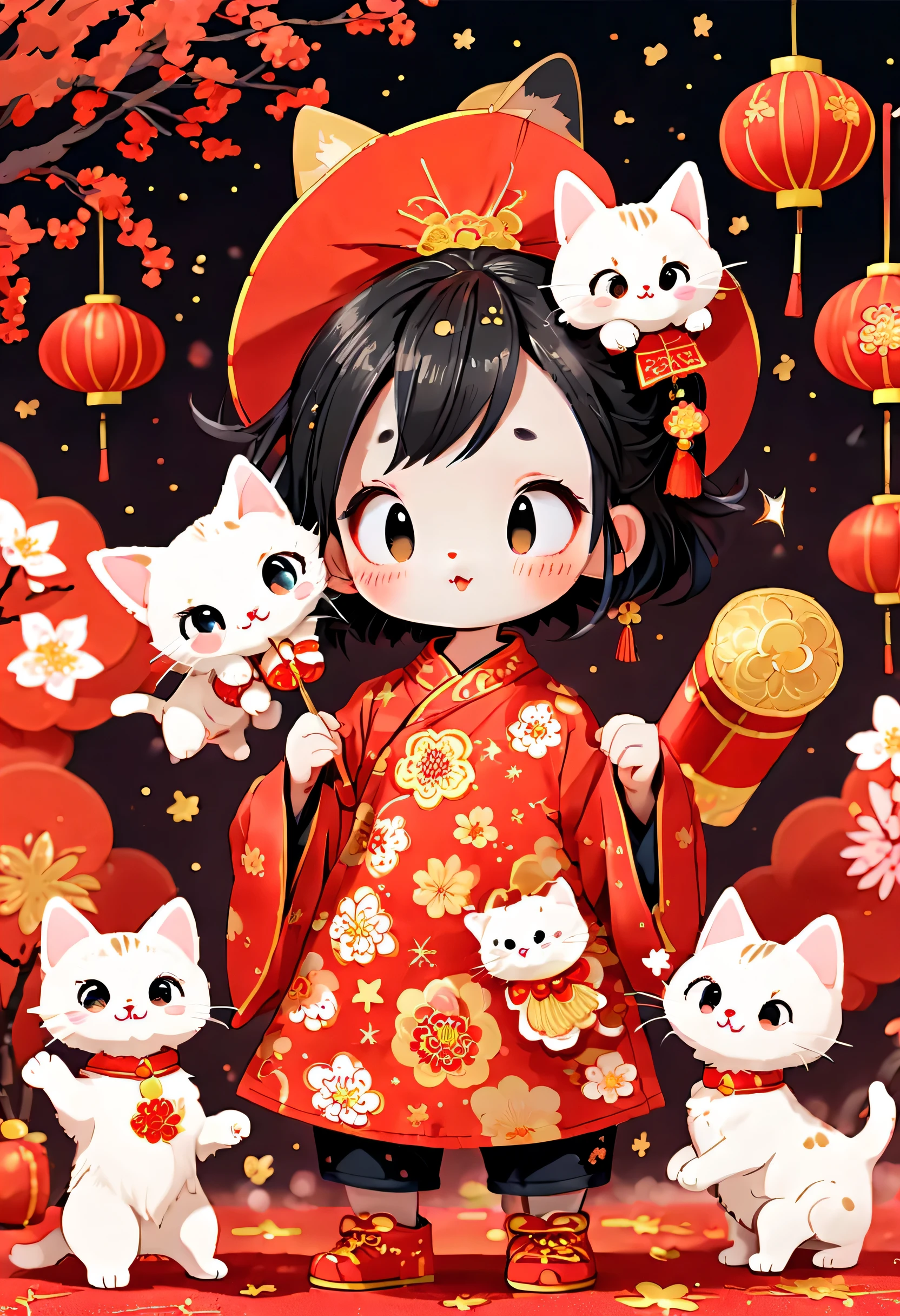 Tim Burton's style, Illustrations that capture the essence of Chinese New Year, nevando, In the joyful atmosphere of the Spring Festival, Five children are setting off firecrackerire works, kitten watching, Beautiful graphics, Detailed facial expressions of characters, Vivid hand-drawn illustrations for children