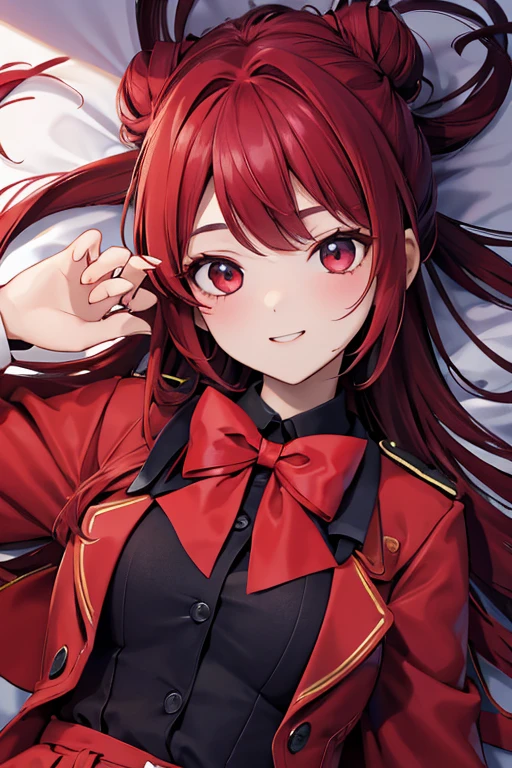 Masterpiece, Best quality, feMonica, hair bun, tresser, red bow, veste noire, Jupe noire, collants rouges, Haut du corps, from above, lying on back, herbe, Regarder le spectateur, tired, sourire, jardin