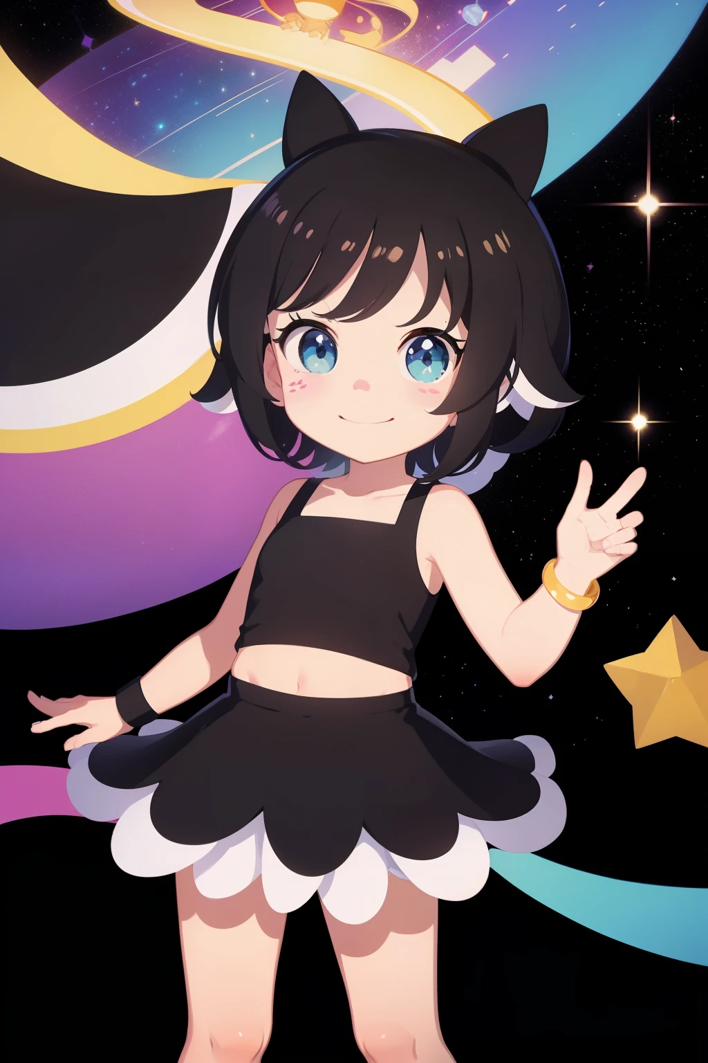 (Masterpiece), Best quality, 1girl, solo, Hanazuki, black hair, yellow highlights, pink nose and freckles, bracelet, black sleeveless two-piece skirt set, skirt, yellow trimmings, glowing, joyfully, cute smile, happy, peace sign, space, galaxy, outerspace, rainbow,