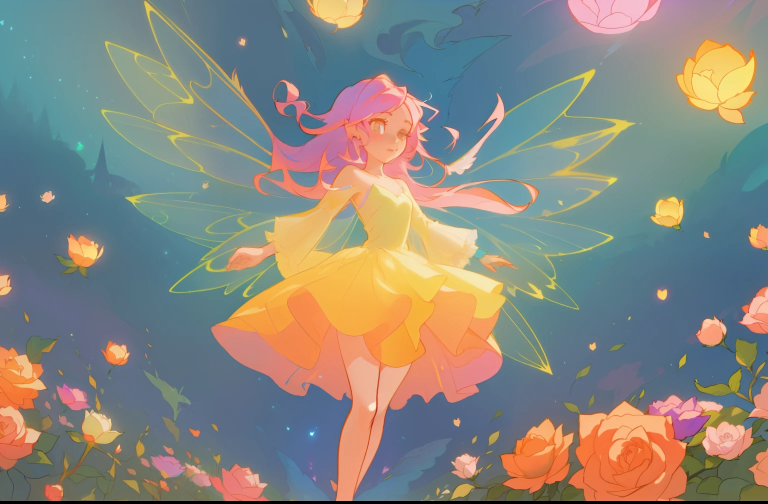 beautiful girl in flowing layered puff long sleeve ballgown, flower fairy, dress that looks like a flower or rose, rose, colorful flowers, inspired by Glen Keane, inspired by Lois van Baarle, disney art style, by Lois van Baarle, glowing aura around her, by Glen Keane, jen bartel, glowing lights! digital painting, flowing glowing hair, glowing flowing hair, beautiful digital illustration, fantasia otherworldly landscape plants flowers, beautiful, masterpiece, best quality, anime disney style, (sharp focus), intricate detail, fine detail, perfection, golden ratio, (fairy wings)