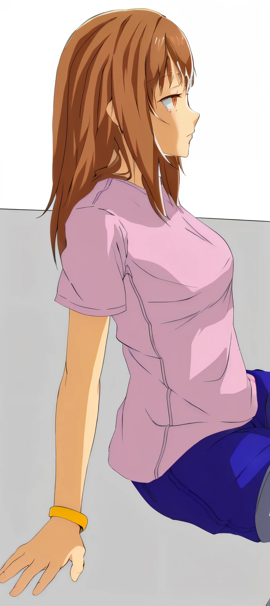 anime girl sitting on the floor with her hand on her hip, casual pose, close up half body shot, revealing clothes, full body close-up shot, wearing casual clothes, wearing tight shirt, wearing a cute top, asuka suit under clothes!, wearing casual clothing, realistic young anime girl, makise kurisu, upper body close up, inspired by Yuki Ogura