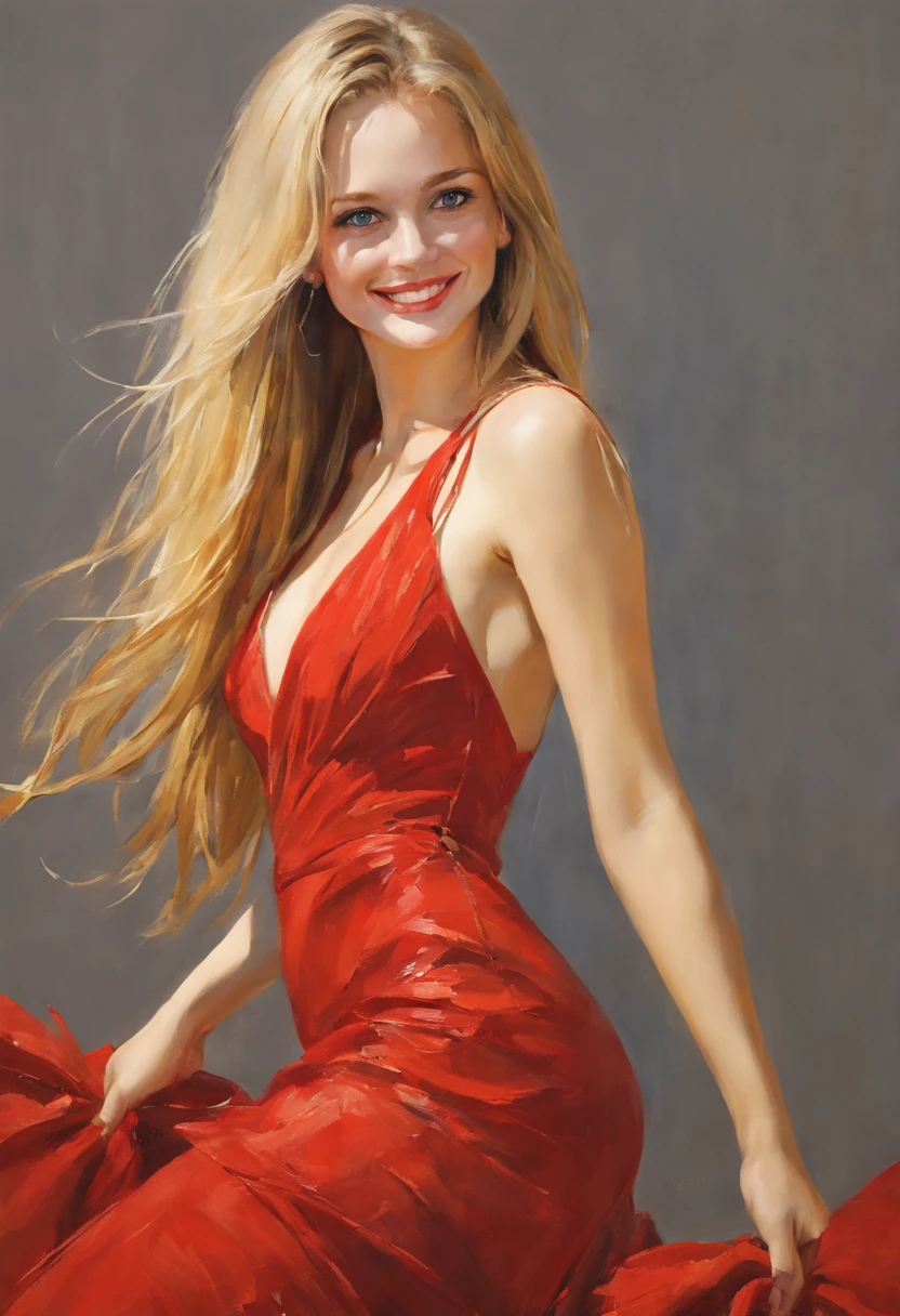Female portrait, beautiful woman, long blond hair, eyes looking at camera, ((smiling)), provocative red dress, acrylic painting, bold and expressive brushwork, impressionistic style, vibrant colors, very heavy brushstrokes with thick textured paint, fine art painting, ((Rod acrylic paint)), Wadim Kashin.