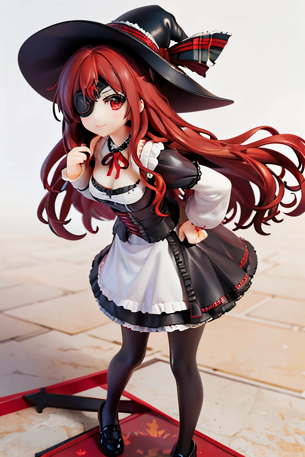 ((best quality)), ((masterpiece)), (detailed), perfect face, ((eyepatch:1.2)), (long hair:1.4), (red hair, red eyes:1.4), smile, 1girl, solo, hat, skirt, legging, witch hat, dirndl gown, black headwear, black dirndl gown, smile, outdoors, black skirt, looking at viewer, black legging, rose pattern legging, red witch hat, long sleeves, bangs, ribbon, frilled skirt, frills, plaid, bow, open clothes, blush, neck ribbon, Star shape eyepatch, gold eyepatch, standing, red ribbon, wide sleeves, black robe, open robe, robe, hand on waist, medium breasts, full body, Photorealistic, Hyperrealistic, Hyperdetailed, analog style, detailed skin, matte skin, soft lighting, subsurface scattering, realistic, heavy shadow, masterpiece, best quality, ultra realistic, 8k, golden ratio, Intricate, High Detail, film photography, soft focus, hollow eyes, white background, Action figure girl.