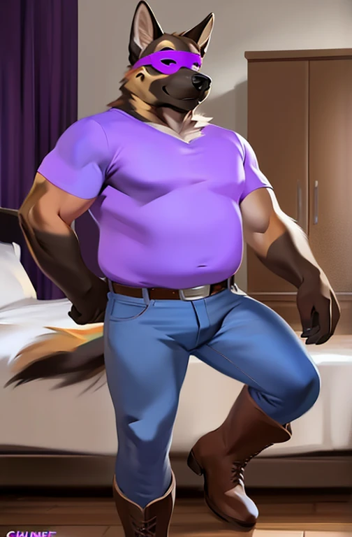 solo, male, brown fur, otter, chase hunter, brown goatee, topless, wearing a (purple glossy shiny tight ballet pants, pantyhose), inside a bedroom, lay on bed, bulge (erection bulge), tired look, lustful smile expression, full-body view, by zackarry911, by zaush, detailed eye, detailed face