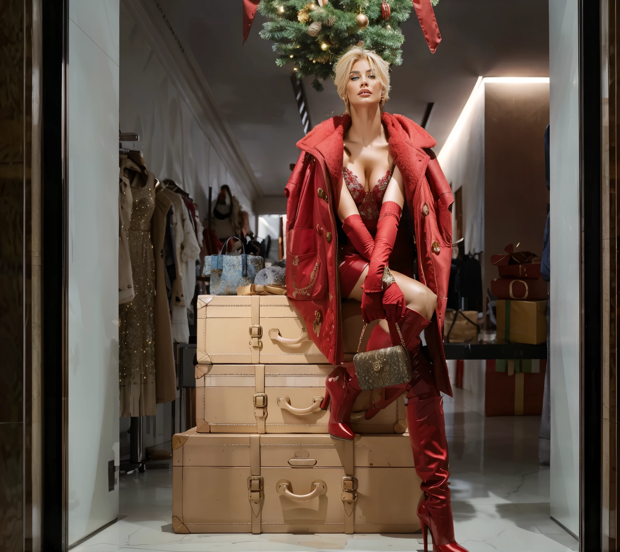 woman  dressed in red sitting on a stack of luggage, luxury fashion, holiday season, high resolution, skin with, makeup, blonde hair, from below, from below, high details, highres, 8k, super detail, realistic