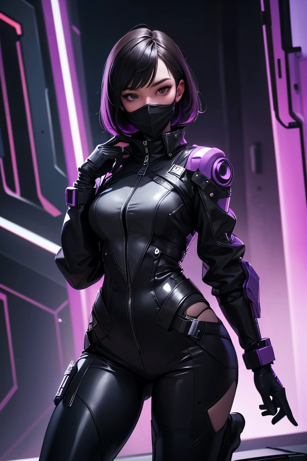 best quality, (RAW photo:1.2), (masterpiece:1.4), (photorealistic:1.4), (highres:1.4), 1girl, depth of field, flight attendant, intricately detailed, 8k, extremely detailed, perfect lighting, epic background, solo, super fine photo, full body digital art Unreal Engine 5 8K UHD of a girl, concept art, character concept design, rubber clothes, wearing super shiny black cyberpunk armor with violet details with black latex catsuit, black latex gloves, latex high heels, wavy dark purple short hair, full face cybernetic mask, futuristic design, cyberpunk assassin, cyberpunk night time background, best quality, masterpiece, super detailed, sharp focus