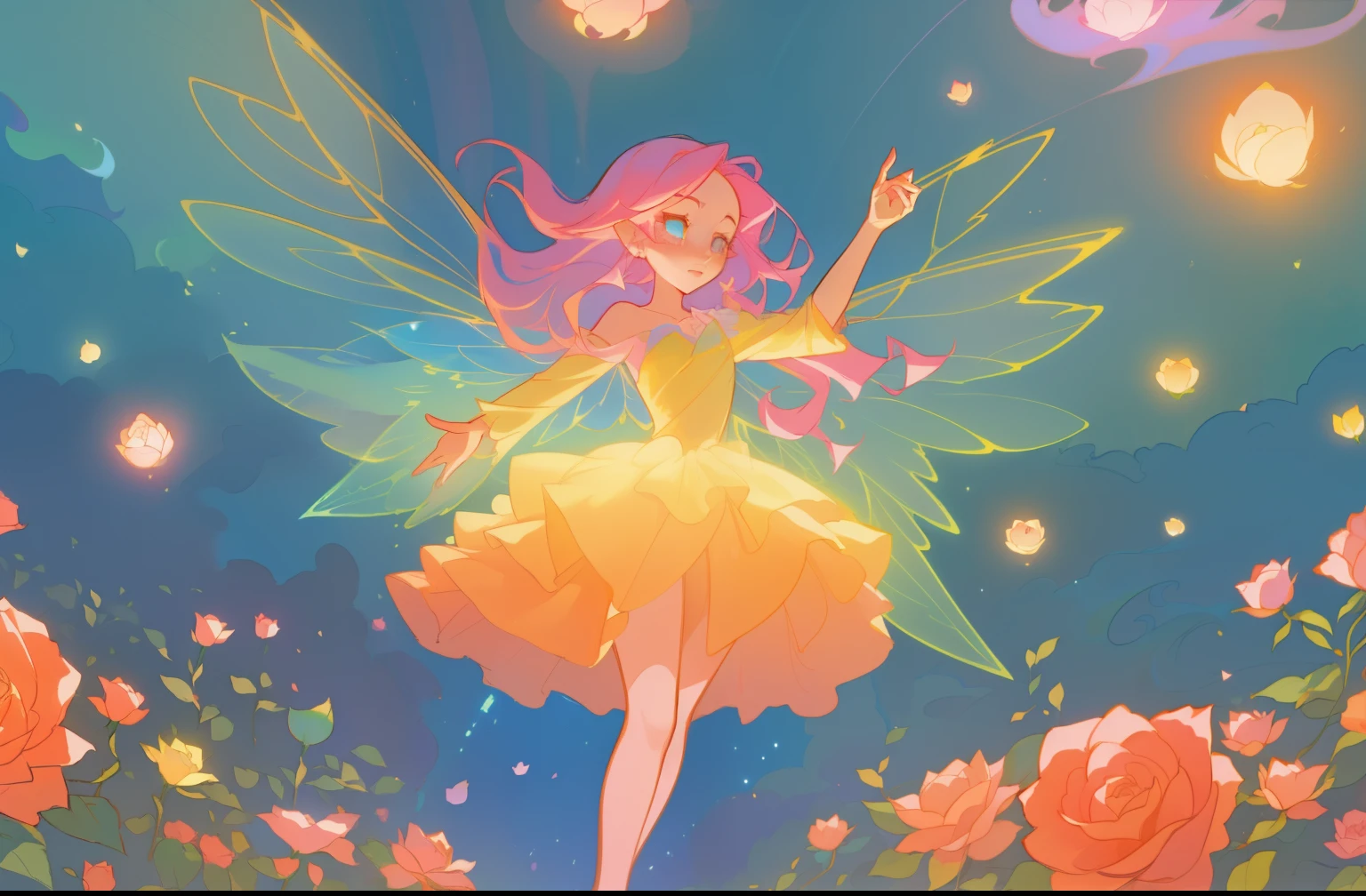 beautiful girl in flowing layered puff long sleeve ballgown, flower fairy, dress that looks like a flower or rose, rose, colorful flowers, inspired by Glen Keane, inspired by Lois van Baarle, disney art style, by Lois van Baarle, glowing aura around her, by Glen Keane, jen bartel, glowing lights! digital painting, flowing glowing hair, glowing flowing hair, beautiful digital illustration, fantasia otherworldly landscape plants flowers, beautiful, masterpiece, best quality, anime disney style, (sharp focus), intricate detail, fine detail, perfection, golden ratio, (fairy wings)
