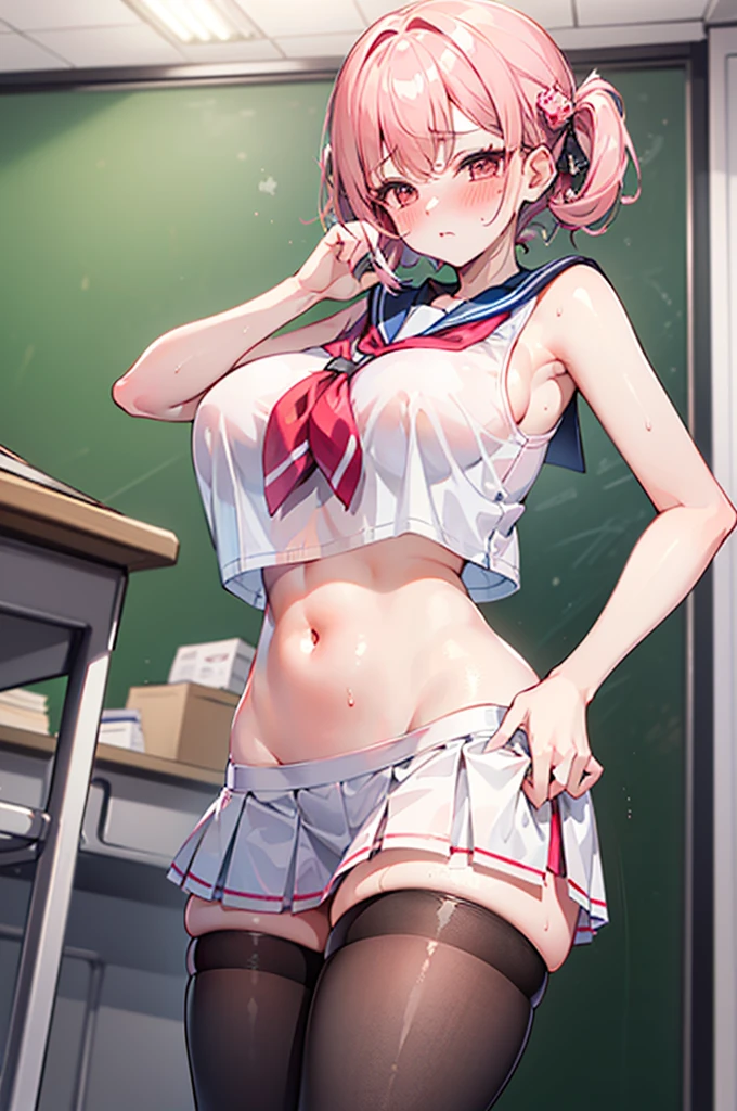 Perfect human body,1 girl, (very highly detailed background,Classroom),dual horsetail, 鎖骨,(Ultra short sleeveless sailor top),Bow knot,navel,Low-rise miniskirt,semi transparent,(White stockings),((woman with fever)), ((Sweated,steams,college aged))), Huge compression of color)), (blush blush:1.2),