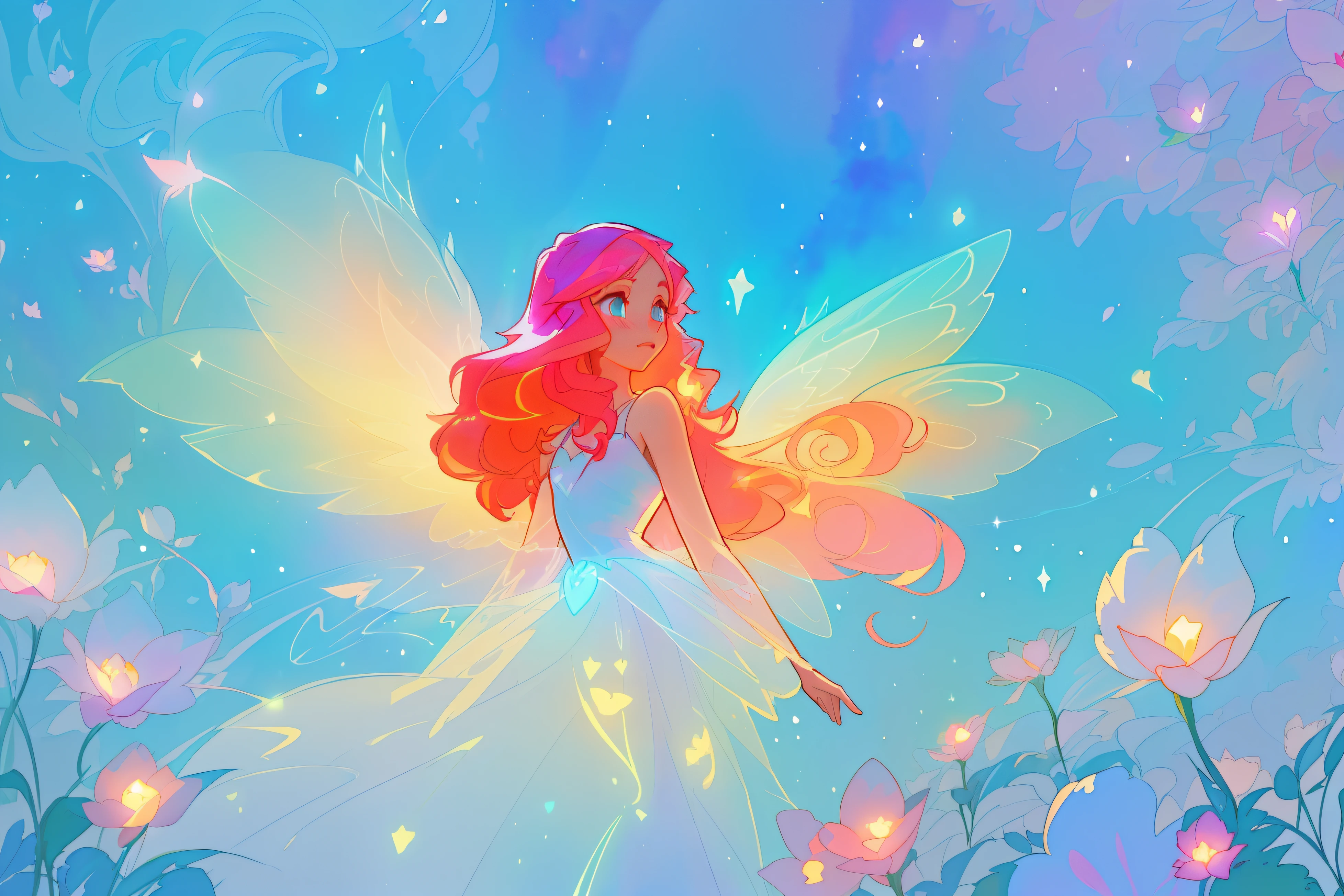 beautiful girl in flowing white layered dress, (glowing fairy wingairy ballgown, long wavy hair, sparkling fairy wings, watercolor illustration, magical meadow, magical flowers, bright pastel colors, glowing lights, flowers and colorful plants, inspired by Glen Keane, inspired by Lois van Baarle, disney art style, by Lois van Baarle, glowing aura around her, by Glen Keane, jen bartel, glowing lights! digital painting, flowing glowing hair, glowing flowing hair, beautiful digital illustration, fantasia otherworldly landscape plants flowers, beautiful, masterpiece, best quality, anime disney style