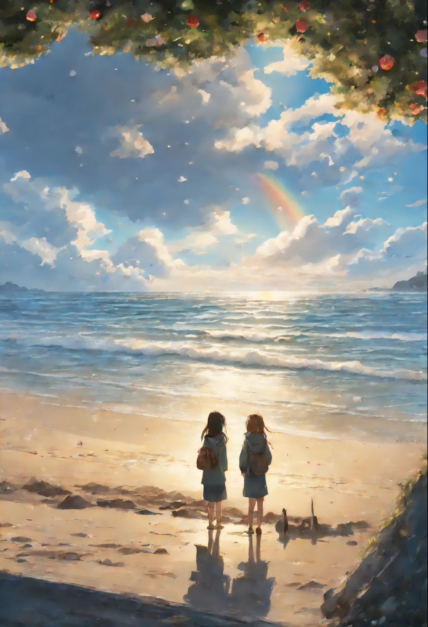Girls from different worlds (snowfall, Christmas tree, New Year's toys, Beach falling snow, waves, sand)reach out to each other, anime couple two girls friends brunette and blonde, standing on a ledge and watching the sunset, clouds and rainbow below, guweiz and makoto sinkai, in style of makoto sinkai, makoto sinkai cyril rolando, sakimichan and makoto sinkai, ross tran and makoto sinkai, ( ( makoto sinkai ) ), style of makoto sinkai