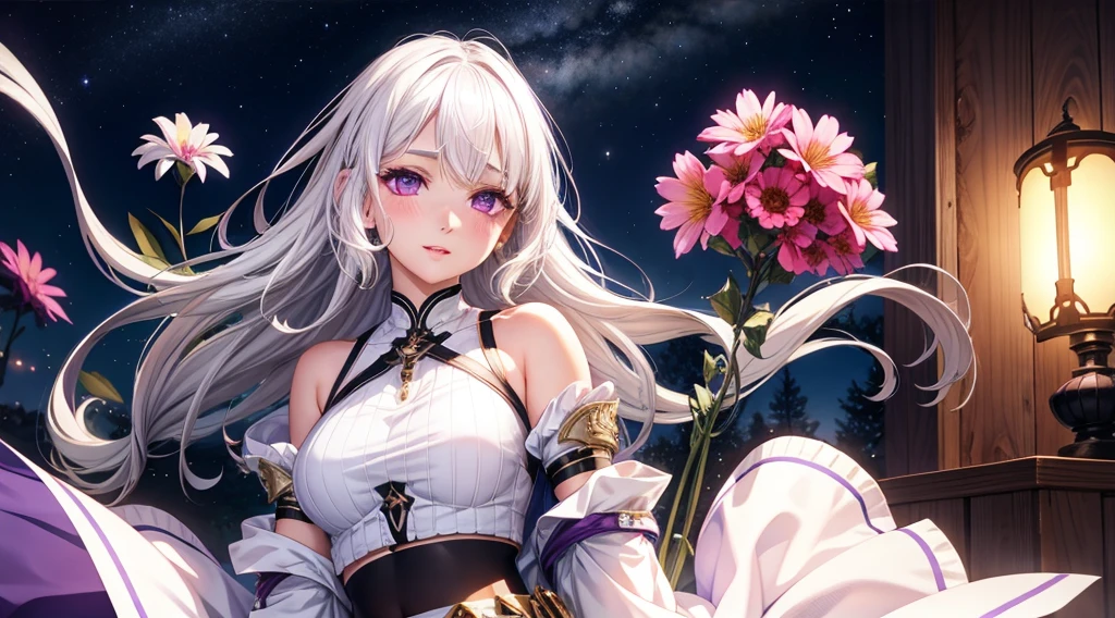 realistic, 1girl, white hair, purple eyes, glowing eyes, crop top, skirt, parted lips, blush, night, flowers, sun, sunlight,