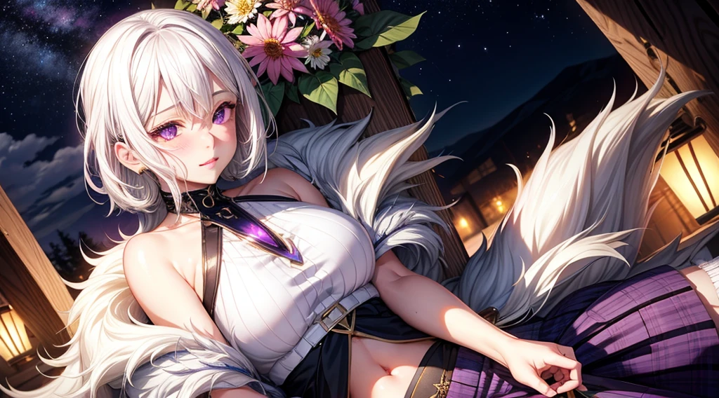 realistic, 1girl, white hair, purple eyes, glowing eyes, crop top, skirt, parted lips, blush, night, flowers, sun, sunlight,