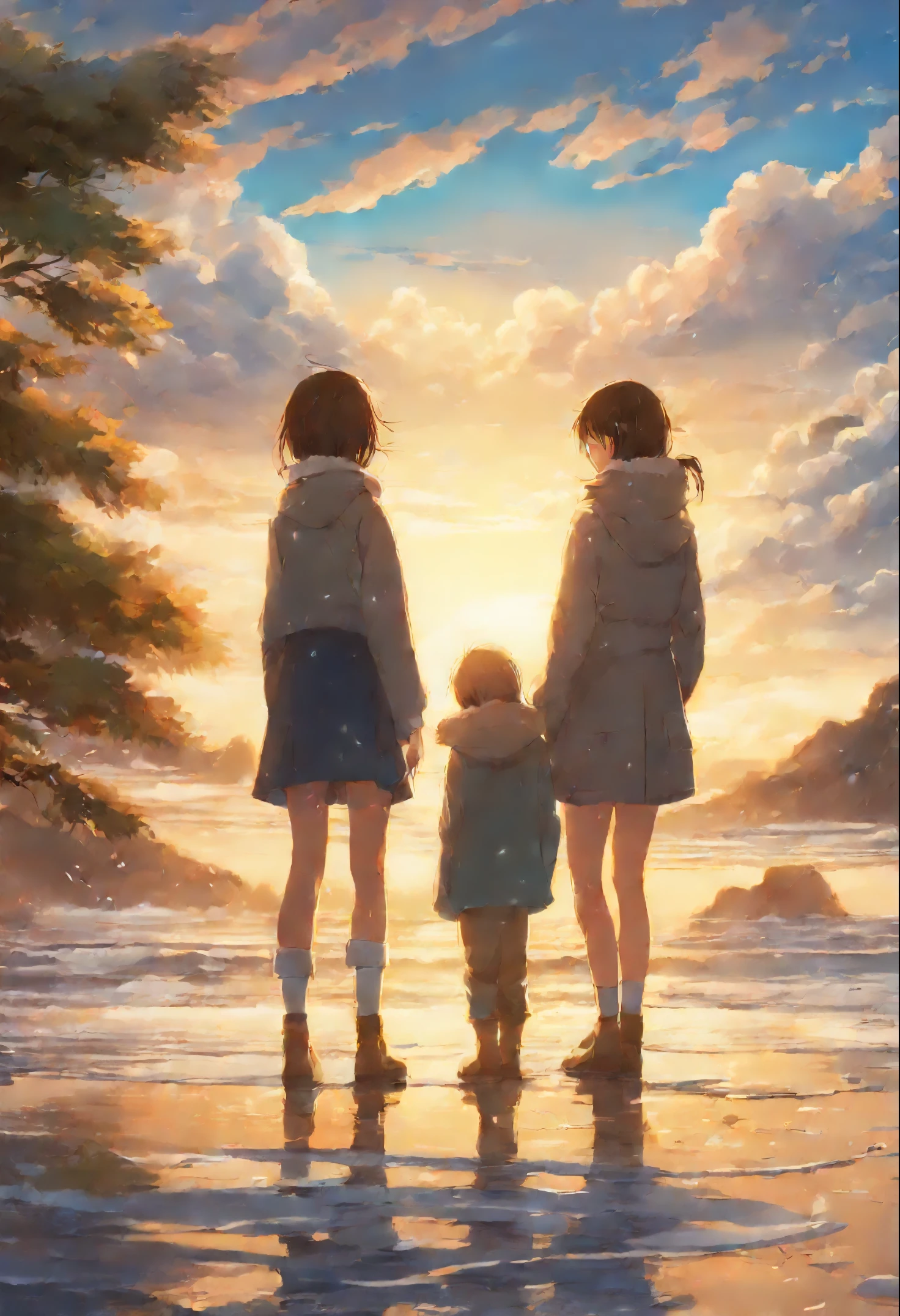 Girls from different worlds (snowfall, Christmas tree, New Year's toys, Beach falling snow, waves, sand)reach out to each other, anime couple two girls friends brunette and blonde, standing on a ledge and watching the sunset, clouds and rainbow below, guweiz and makoto sinkai, in style of makoto sinkai, makoto sinkai cyril rolando, sakimichan and makoto sinkai, ross tran and makoto sinkai, ( ( makoto sinkai ) ), style of makoto sinkai