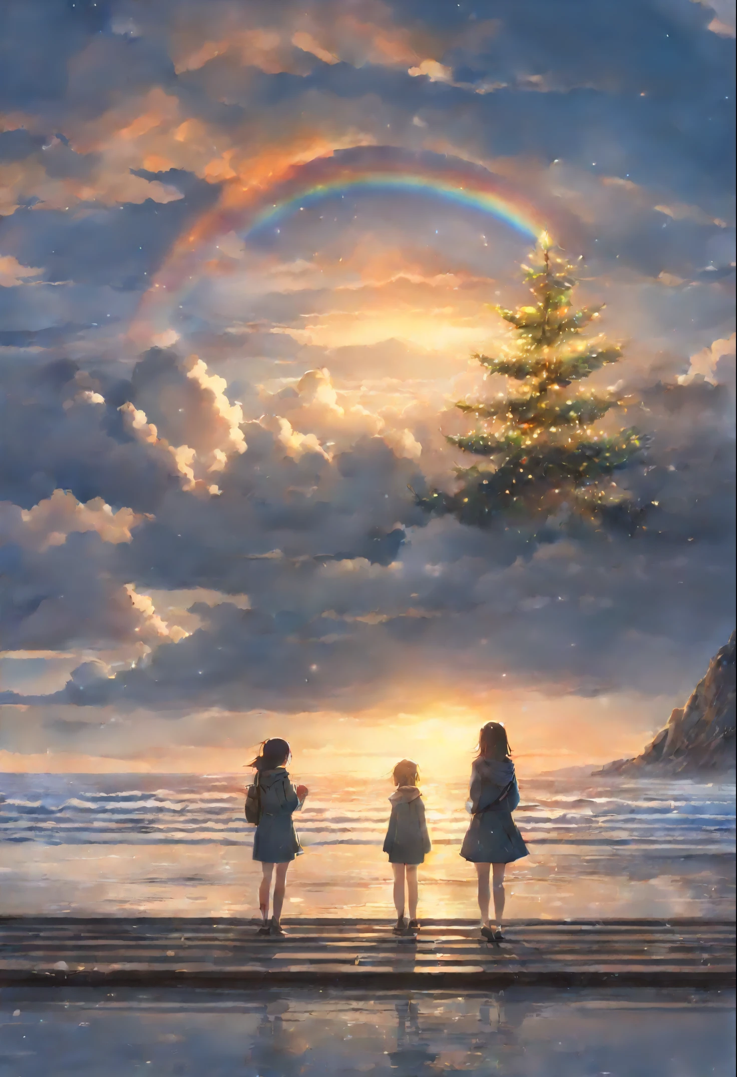 Girls from different worlds (snowfall, Christmas tree, New Year's toys, Beach falling snow, waves, sand)reach out to each other, anime couple two girls friends brunette and blonde, standing on a ledge and watching the sunset, clouds and rainbow below, guweiz and makoto sinkai, in style of makoto sinkai, makoto sinkai cyril rolando, sakimichan and makoto sinkai, ross tran and makoto sinkai, ( ( makoto sinkai ) ), style of makoto sinkai