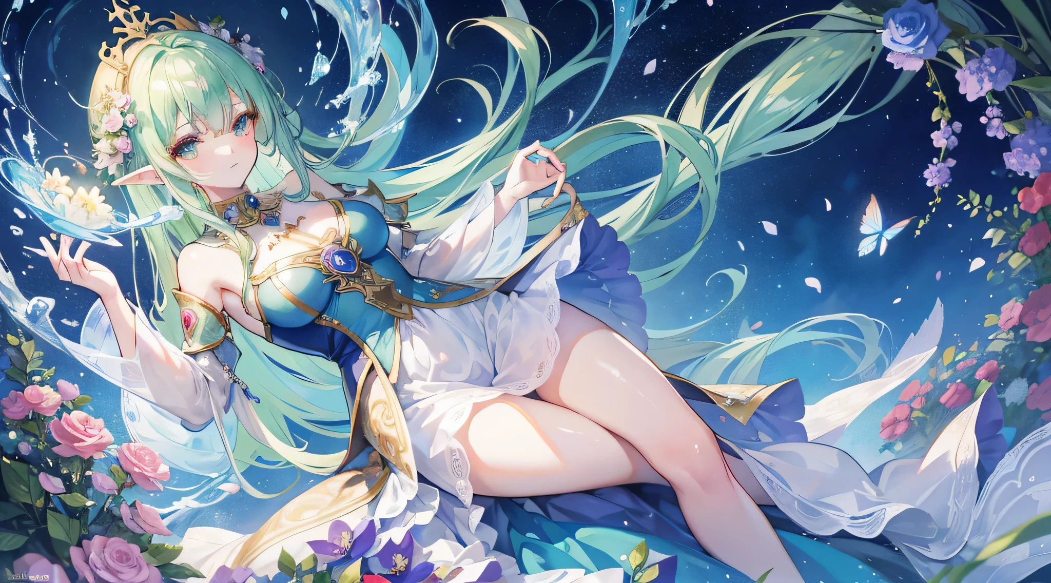 high high quality，tmasterpiece，exquisite facial features，Delicate hair，Elaborate Eyes，Delicate hair，Anime manga girl，Deer character hair，blossoms, dream style, Fantastic flower garden，Fantasy style clothing,romantic gown,  beautiful and elegant elf queen, beautiful fantasy empress, fantasy art style, ((beautiful fantasy empress)), Japanese anime fantasy illustration, high priestess, Fairy Queen of the Summer Forest, Anime Art Nouveau style, goddess of the forest, portrait of an elf queen, A beautiful artistic illustration，8Khigh high quality细节艺术（Delicate Face Portrayal）（Fine hair depiction）（Best quality at best at best）（tmasterpiece）（High degree of completion）（a sense of atmosphere）8k wallpaper，tmasterpiece，Best quality at best，ultra - detailed