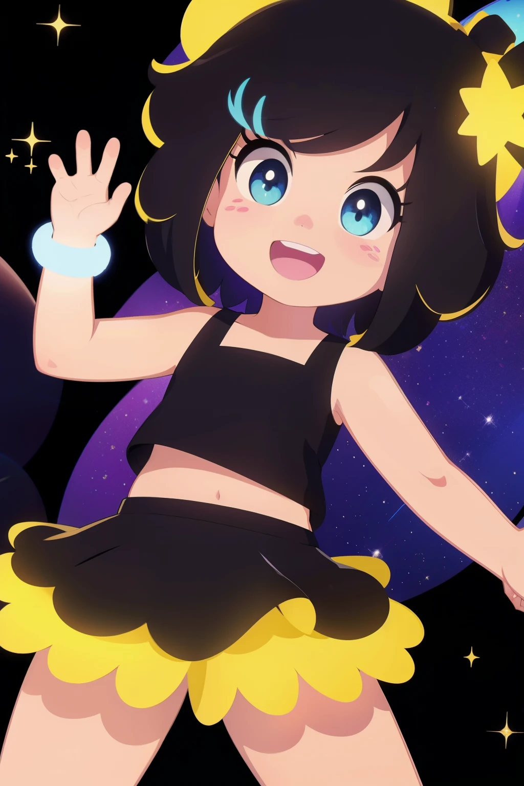 (Masterpiece), Best quality, 1girl, solo, Hanazuki, black hair, yellow highlights, pink nose and freckles, bracelet, black sleeveless two-piece skirt set, skirt, yellow trimmings, glowing, dynamic pose,  peace sign, laughing, joyful, space, galaxy, rainbow,