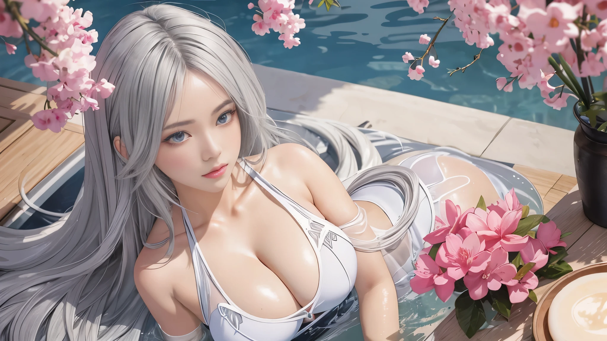 1 girl, Anime fantasy artwork,Sexy swimming costume,plumw,humongous large breast:1.6, Long gray hair,Glowing and radiant skin:1.4,primitive,tmasterpiece,Ultra-fine photo quality,超高分辨率,Photo Reality,rays of sunshine,full-body portraits,stunningly beautiful,dynamicposes,delicated face,vibrant eyes,详细的脸,Rich cleavage,highlydetailed skin,Authentic skin details,Visible Pore,lock focus,volume fog,8k ultra high definition,digital SLR camera,high high quality,filmgrain,White skin of the,Photographic realism,semi transparent