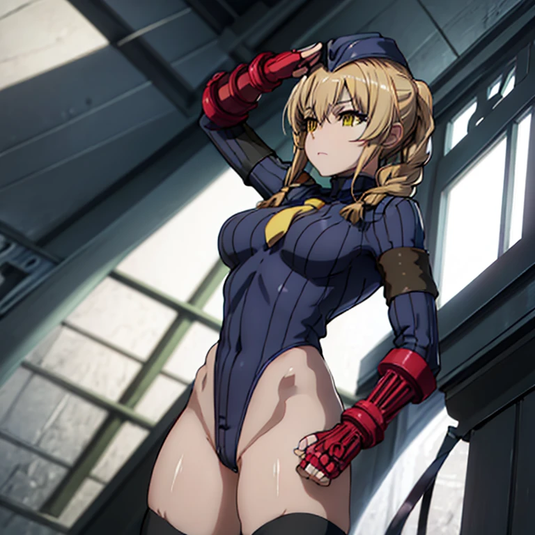 ultra-detailed, Explicit, Beautiful body, Beautiful Nose, Beautiful character design, perfect eyes, perfect face, ultra highres, 4K, beautiful legs, perfect legs, Nice hands, Perfect hand, Masterpiece, Best Quality, Highly detailed, illustration, absurdres, street fighter, doll suit, shadaloo doll, dollsuit, expressionless, blank eyes, looking at viewer, red gloves, emotionless, black latex, corrution, mind control, female combatant, full body, hypnotized, unhappy trance, full body suit, ribbed bodysuit, both arms at side, obey, perfect female body, extremely glossy latex, hypnosis, hypnoLora, empty eyes, Mind control device, poses, submissive_pose, Slave, hat, necktie, stand up straight, standing, standing at attention, hat, necktie, belt, latex, ribbed bodysuit, thighhighs, garter belt, Fighting Stance, extending the right arm from the shoulder into the air with a straightened hand, nazi saluting, military, military saluting, salute, thigh boots, solo, 1girl, Guild Girl, Goblin Slayer, blonde hair, long hair, braids, yellow eyes