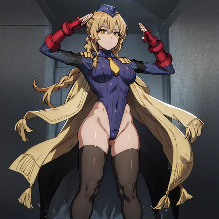 ultra-detailed, Explicit, Beautiful body, Beautiful Nose, Beautiful character design, perfect eyes, perfect face, ultra highres, 4K, beautiful legs, perfect legs, Nice hands, Perfect hand, Masterpiece, Best Quality, Highly detailed, illustration, absurdres, street fighter, doll suit, shadaloo doll, dollsuit, expressionless, blank eyes, looking at viewer, red gloves, emotionless, black latex, corrution, mind control, female combatant, full body, hypnotized, unhappy trance, full body suit, ribbed bodysuit, both arms at side, obey, perfect female body, extremely glossy latex, hypnosis, hypnoLora, empty eyes, Mind control device, poses, submissive_pose, Slave, hat, necktie, stand up straight, standing, standing at attention, hat, necktie, belt, latex, ribbed bodysuit, thighhighs, garter belt, Fighting Stance, extending the right arm from the shoulder into the air with a straightened hand, nazi saluting, military, military saluting, salute, thigh boots, solo, 1girl, Guild Girl, Goblin Slayer, blonde hair, long hair, braids, yellow eyes