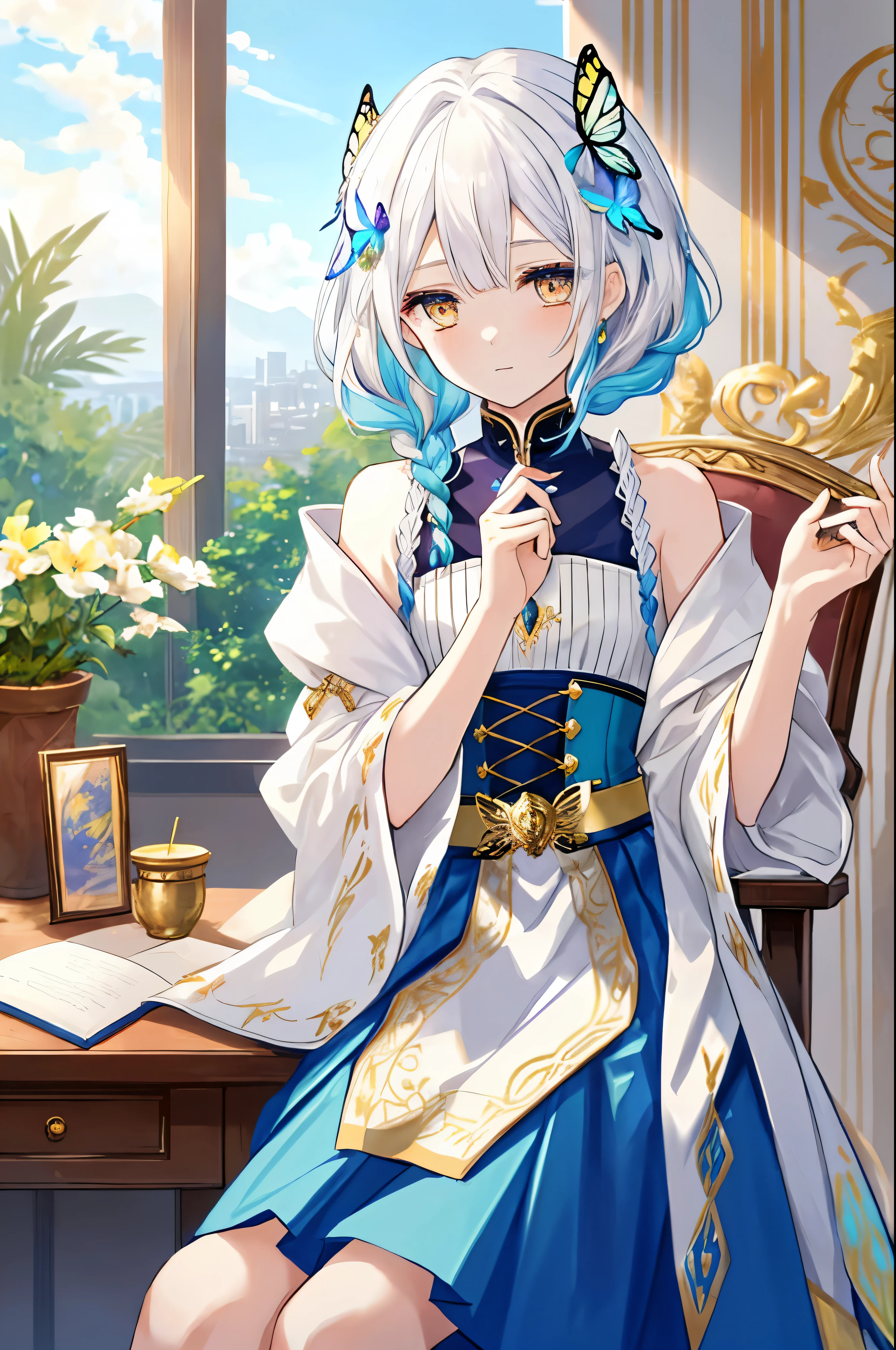 a royal sister，gold eyes，White hair，Long colorful single braids，Short hair detaillue skirts，（There is only one person in the picture），There is a butterfly on the palm，Ethereal，sit at your desk，Squinted eyes，（Lateral face），（highest  quality）