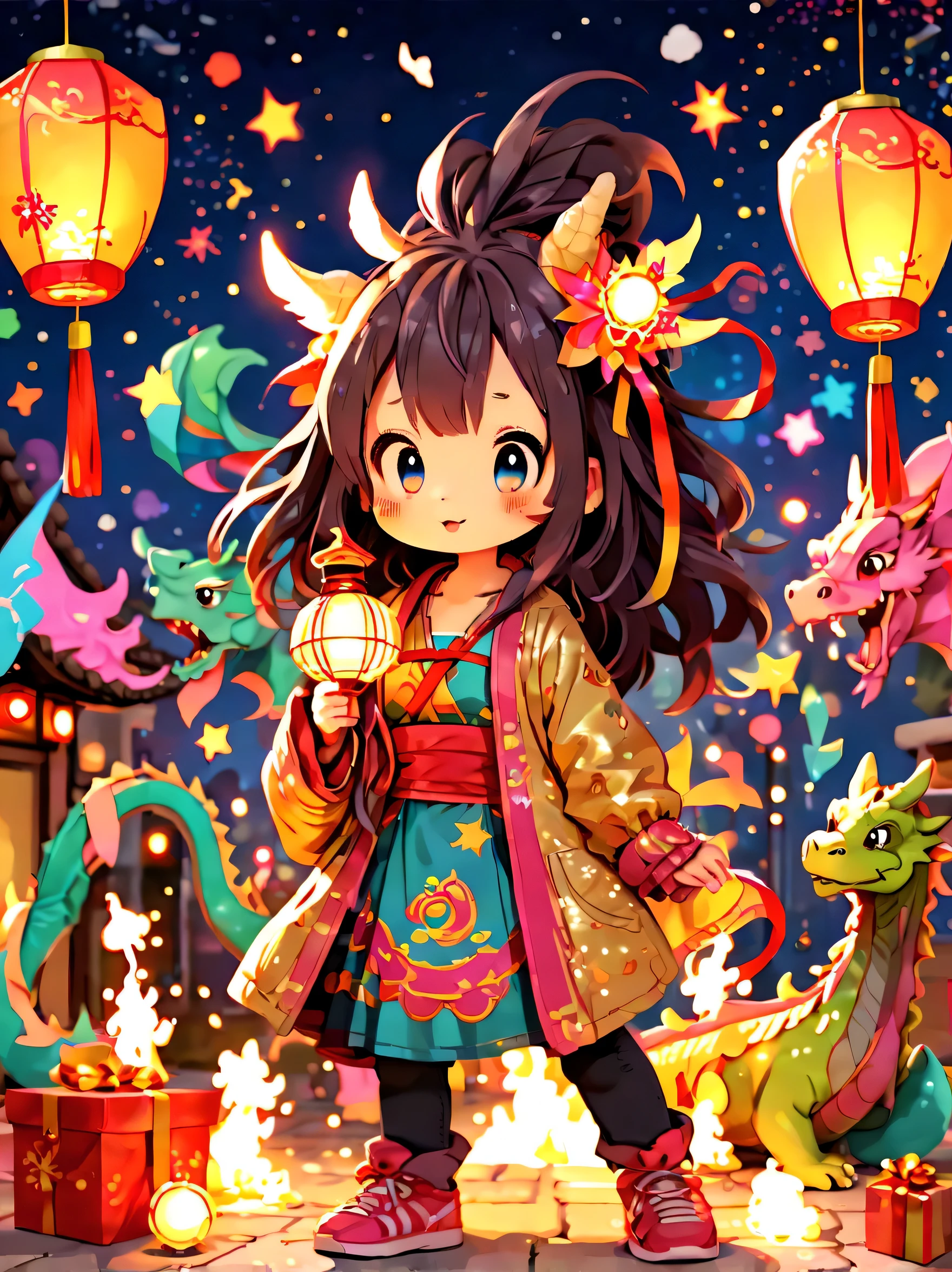 Cute graffiti, (((Vector illustration style)))，vibrant with colors, Magical atmosphere, Whimsical, Sparkling, (Fantasy 2024 Year of the Dragon), 美丽的小镇庆祝new year&#39;new year&#39;countdown，2024 年new year，(Colorful lanterns and decorations)，(children playing and dancing)，(巨大的countdown时钟，There are gorgeous patterns of fireworks in the night sky))，Performer juggling ribbons，Colorful lanterns and decorations，Performer juggling colorful ribbons，Gorgeous temple，incense，Offerings，People make wishes and pray，The calm lake is illuminated by candlelight，Beautiful reflection of fireworks and lanterns，a joyful atmosphere，（Best quality，8K，A high resolution，tmasterpiece，ultra - detailed，hyper HD，Ultra-detailed painting，Focus sharp，physically-based renderingt，Extremely detailed description，professional，vibrant with colorokeh）