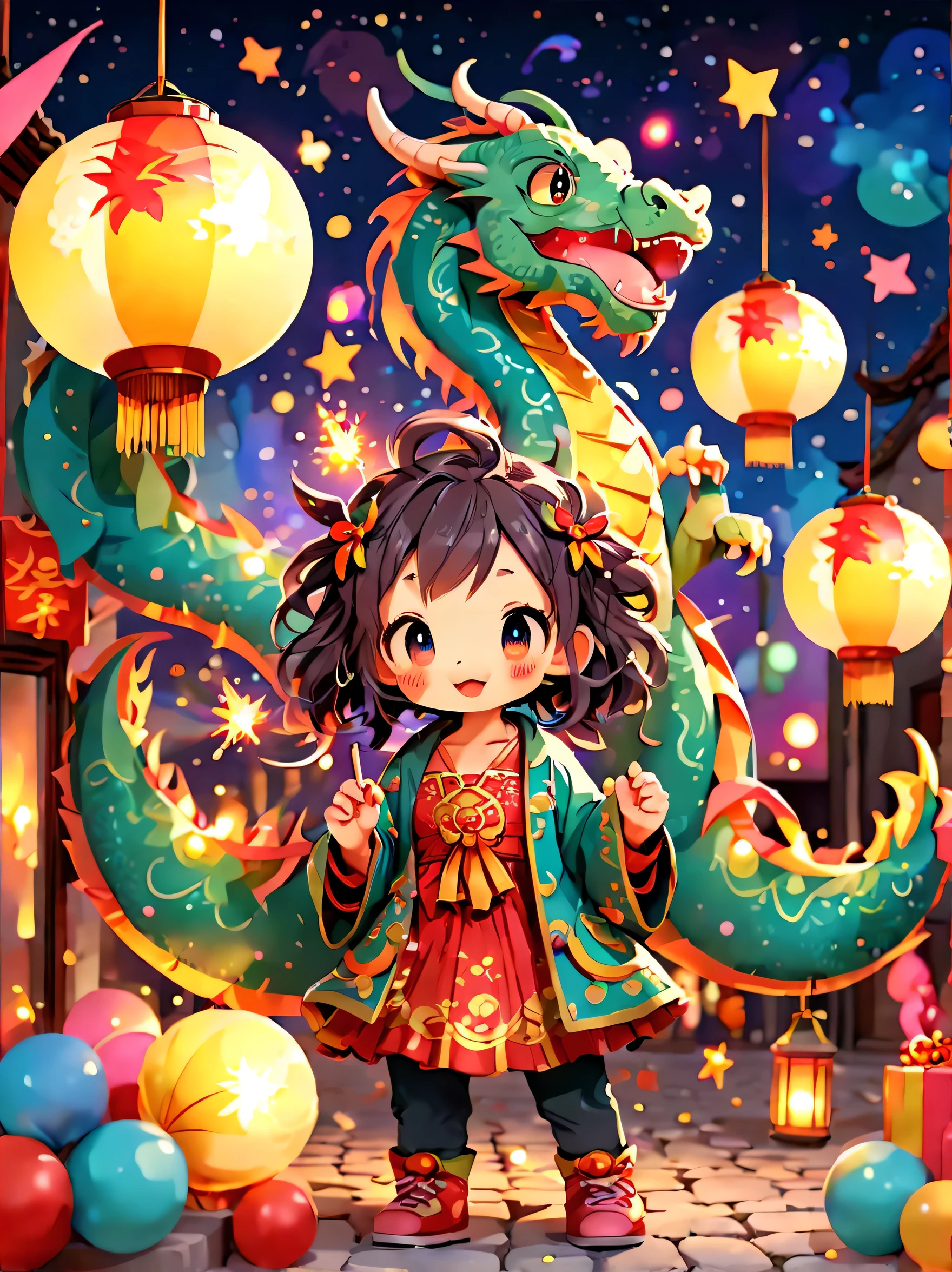 Cute graffiti, (((Vector illustration style))),vibrant with colors, Magical atmosphere, Whimsical, Sparkling, (Fantasy 2024 Year of the Dragon), 美丽的小镇庆祝new year'new year'countdown,2024 年new year,(Colorful lanterns and decorations),(children playing and dancing),(巨大的countdown时钟,There are gorgeous patterns of fireworks in the night sky)),Performer juggling ribbons,Colorful lanterns and decorations,Performer juggling colorful ribbons,Gorgeous temple,incense,Offerings,People make wishes and pray,The calm lake is illuminated by candlelight,Beautiful reflection of fireworks and lanterns,a joyful atmosphere,(Best quality,8K,A high resolution,tmasterpiece,ultra - detailed,hyper HD,Ultra-detailed painting,Focus sharp,physically-based renderingt,Extremely detailed description,professional,vibrant with colorokeh)