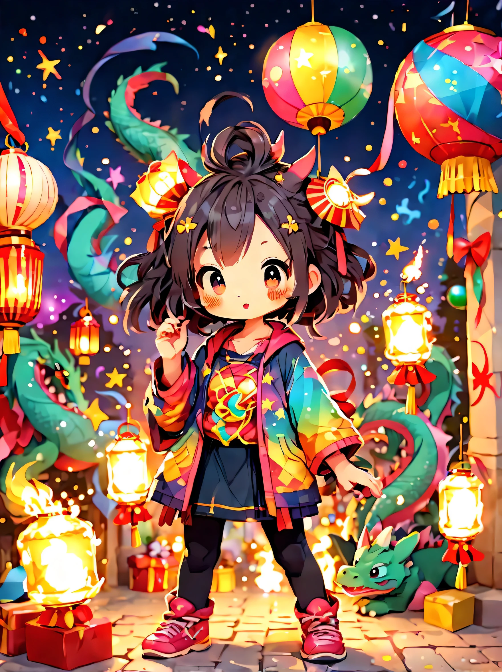 Cute graffiti, (((Vector illustration style))),vibrant with colors, Magical atmosphere, Whimsical, Sparkling, (Fantasy 2024 Year of the Dragon), 美丽的小镇庆祝new year'new year'countdown,2024 年new year,(Colorful lanterns and decorations),(children playing and dancing),(巨大的countdown时钟,There are gorgeous patterns of fireworks in the night sky)),Performer juggling ribbons,Colorful lanterns and decorations,Performer juggling colorful ribbons,Gorgeous temple,incense,Offerings,People make wishes and pray,The calm lake is illuminated by candlelight,Beautiful reflection of fireworks and lanterns,a joyful atmosphere,(Best quality,8K,A high resolution,tmasterpiece,ultra - detailed,hyper HD,Ultra-detailed painting,Focus sharp,physically-based renderingt,Extremely detailed description,professional,vibrant with colorokeh)