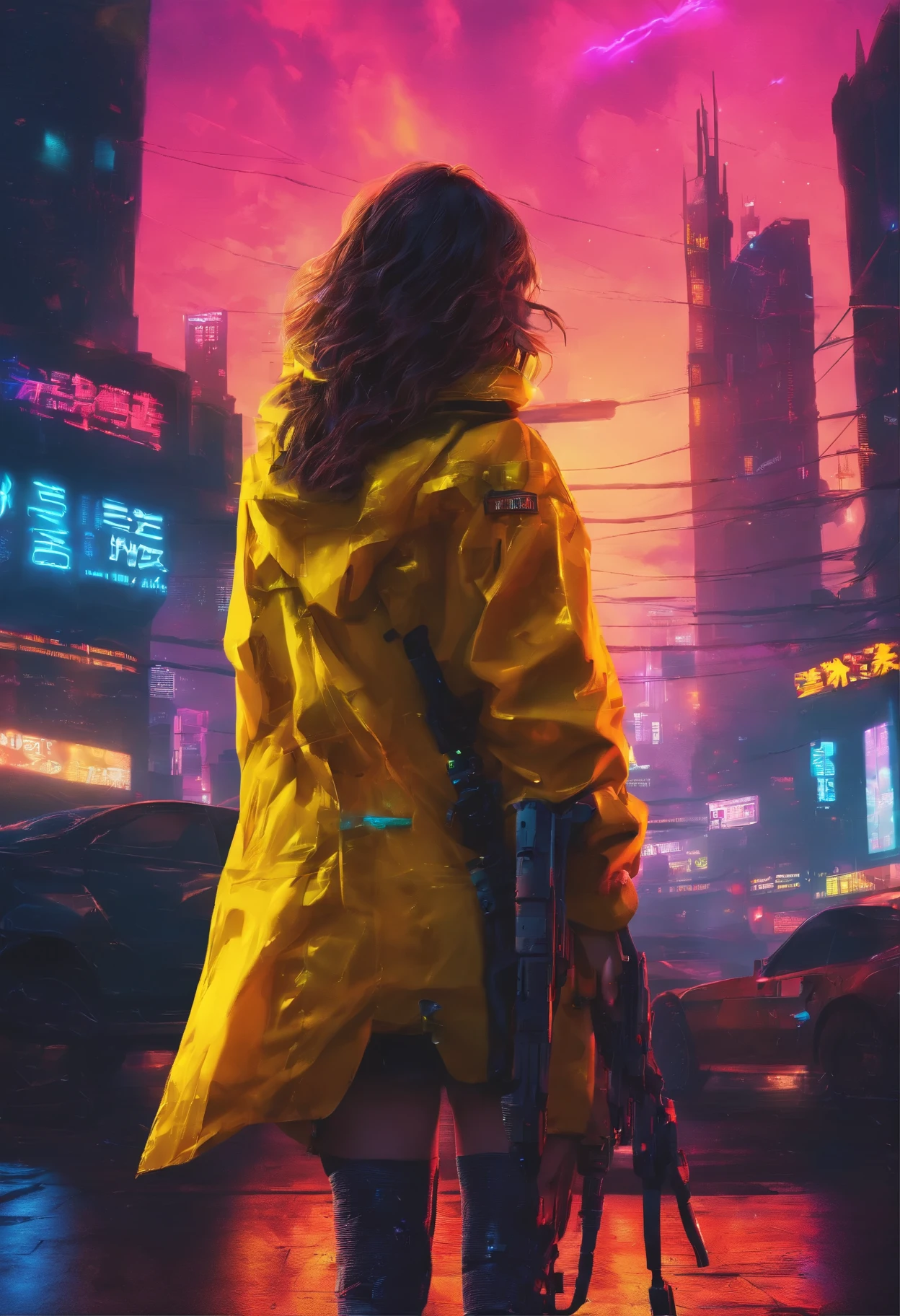 girl、guns、Tattered costumes, night sky landscape, girl with yellow raincoat, facing back