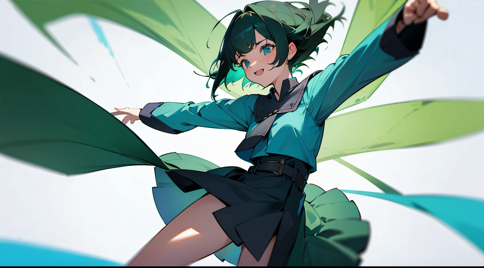 Pointing,girl with,the wind,Blue-green,A dark-haired,inner colored,chant,Looks fun
