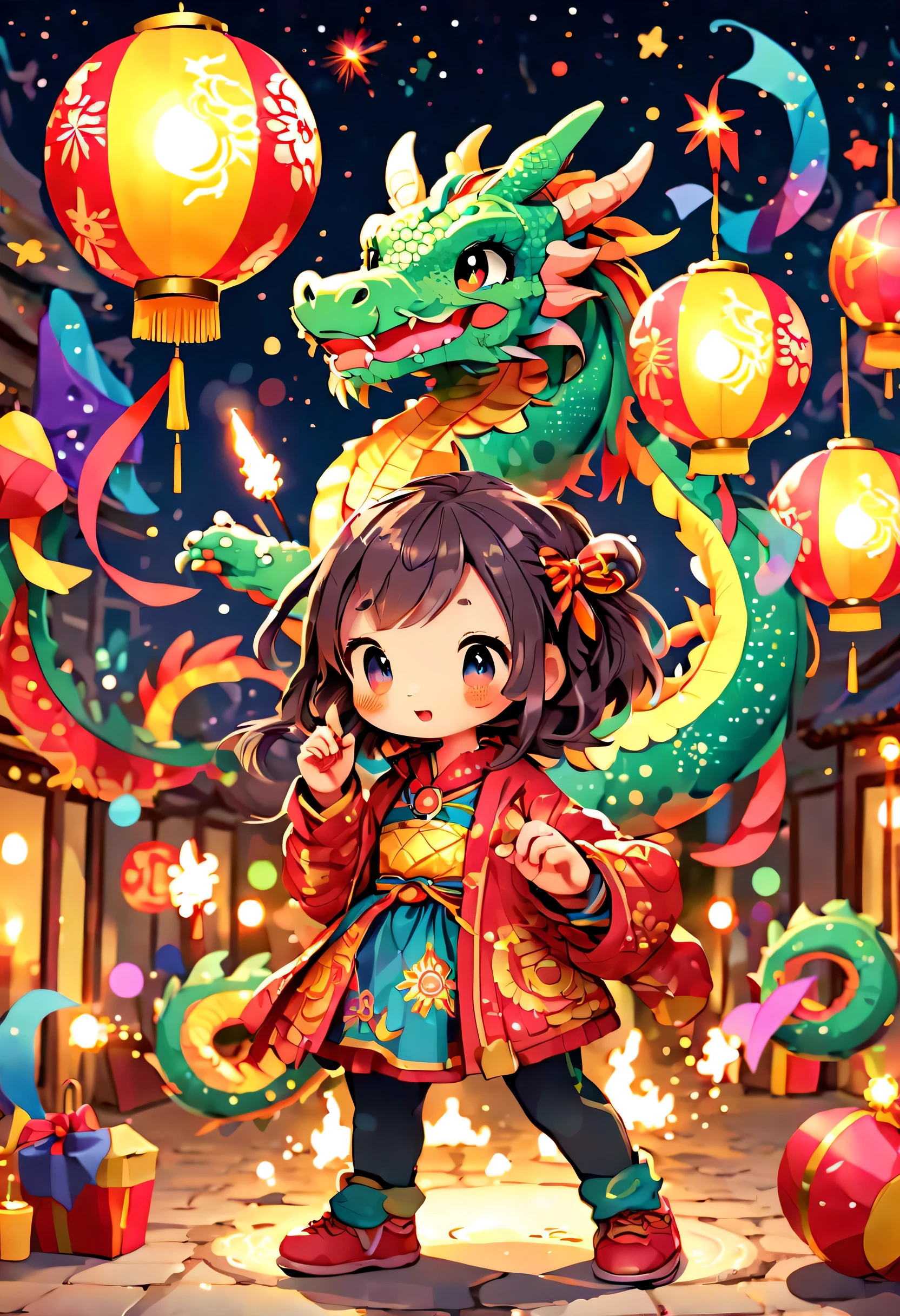 Cute graffiti, (((Vector illustration style)))，vibrant with colors, Magical atmosphere, Whimsical, Sparkling, (Fantasy 2024 Year of the Dragon), 美丽的小镇庆祝new year&#39;new year&#39;countdown，2024 年new year，(Colorful lanterns and decorations)，(children playing and dancing)，(巨大的countdown时钟，There are gorgeous patterns of fireworks in the night sky))，Performer juggling ribbons，Colorful lanterns and decorations，Performer juggling colorful ribbons，Gorgeous temple，incense，Offerings，People make wishes and pray，The calm lake is illuminated by candlelight，Beautiful reflection of fireworks and lanterns，a joyful atmosphere，（Best quality，8K，A high resolution，tmasterpiece，ultra - detailed，hyper HD，Ultra-detailed painting，Focus sharp，physically-based renderingt，Extremely detailed description，professional，vibrant with colorokeh）