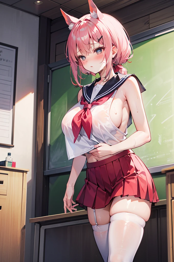 Perfect human body,1 girl, (very highly detailed background,Classroom),dual horsetail,long whitr hair, 鎖骨,(Ultra short sleeveless sailor top),Bow knot,nabel,Low-rise miniskirt,semi transparent,(White stockings),((woman with fever)), ((Sweated,steams,college aged))), Huge compression of color)), (blush blush:1.2),