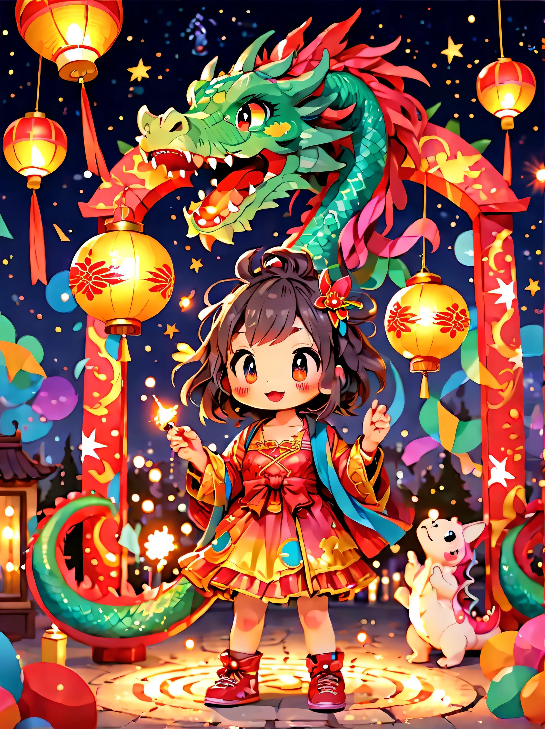 Cute graffiti, (((Vector illustration style)))，vibrant with colors, Magical atmosphere, Whimsical, Sparkling, (Fantasy 2024 Year of the Dragon), 美丽的小镇庆祝new year&#39;new year&#39;countdown，2024 年new year，(Colorful lanterns and decorations)，(children playing and dancing)，(巨大的countdown时钟，There are gorgeous patterns of fireworks in the night sky))，Performer juggling ribbons，Colorful lanterns and decorations，Performer juggling colorful ribbons，Gorgeous temple，incense，Offerings，People make wishes and pray，The calm lake is illuminated by candlelight，Beautiful reflection of fireworks and lanterns，a joyful atmosphere，（Best quality，8K，A high resolution，tmasterpiece，ultra - detailed，hyper HD，Ultra-detailed painting，Focus sharp，physically-based renderingt，Extremely detailed description，professional，vibrant with colorokeh）