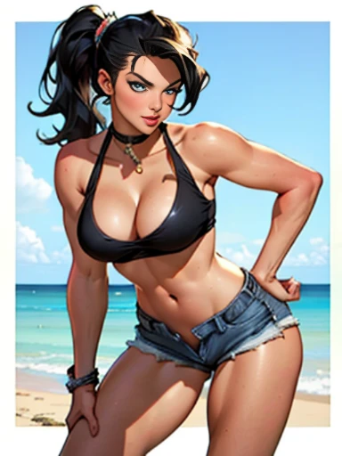 (high quality, best rendering), (beautiful girl), Blue Eyes, ((black long straight hair)),(bombshell, pin-up style), psychopath, crazy face, sexy pose, jean short shorts, tank top, pastel, centered, scale to fit dimensions, micro thong, micro bikini, camel toe