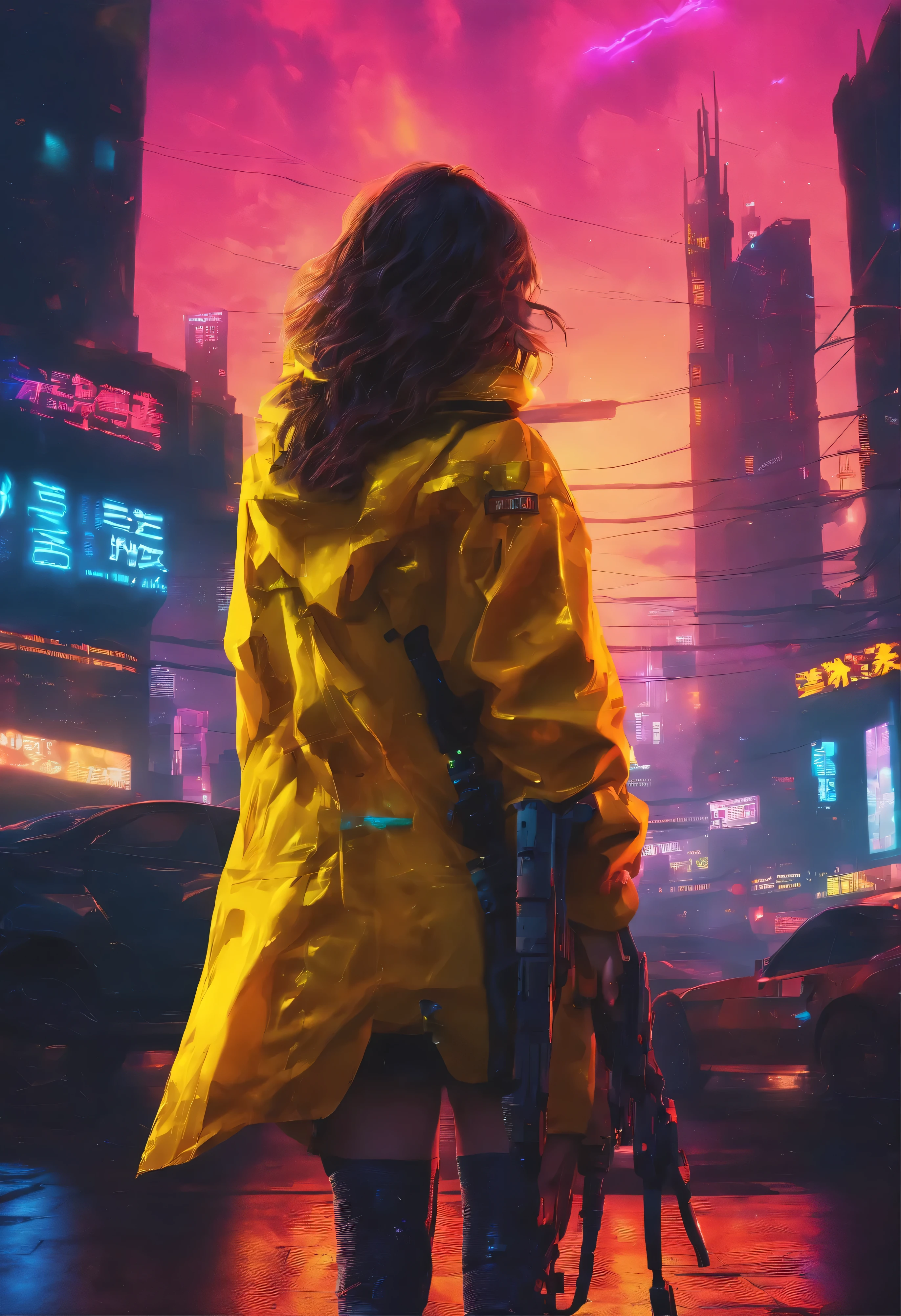 girl、guns、Tattered costumes, night sky landscape, girl with yellow raincoat, facing back