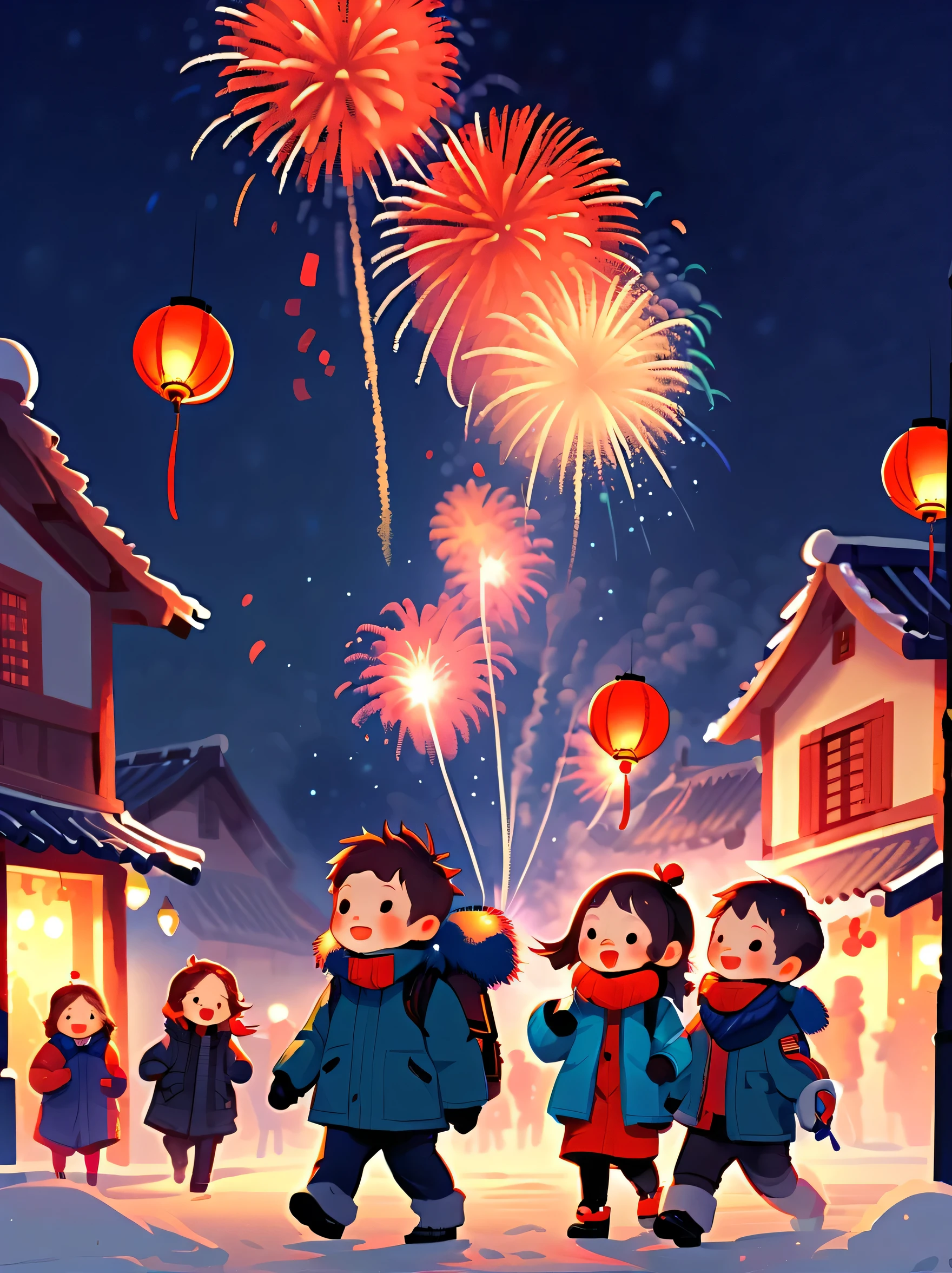(Tim Burton style),(Illustrations capture the essence of New Year's Day 2024),(Modern town,European rural architecture:1.2), ((Lanterns and festoons)),It's snowing,In the joyful atmosphere of the New Year,(5 children wearing down jackets set off firecrackers:1.3),(There are many fireworks in the sky:1.2),the picture was beautiful,(Detailed and vivid children'Hand drawn illustrations),Show people's expressions, (NSFW), tchibi