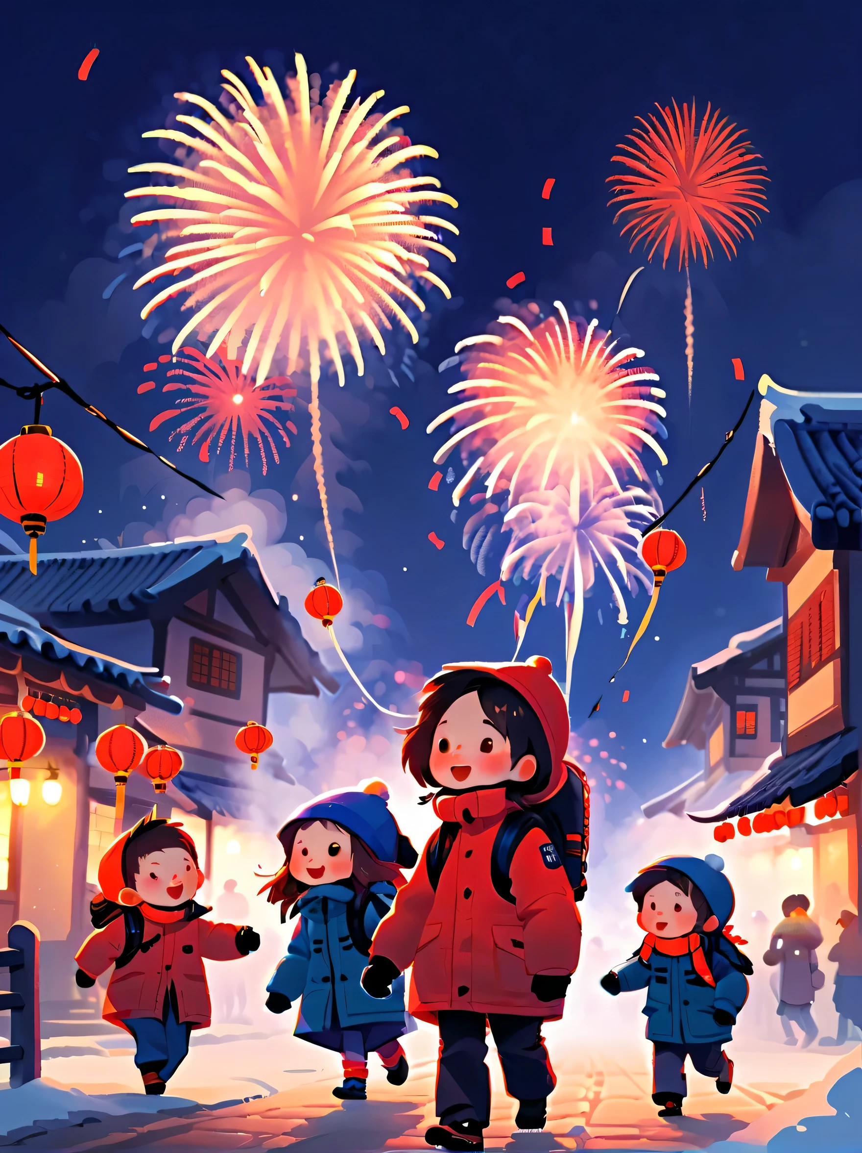 (Tim Burton style),(Illustrations capture the essence of New Year's Day 2024),(Modern town,European rural architecture:1.2), ((Lanterns and festoons)),It's snowing,In the joyful atmosphere of the New Year,(5 children wearing down jackets set off firecrackers:1.3),(There are many fireworks in the sky:1.2),the picture was beautiful,(Detailed and vivid children'Hand drawn illustrations),Show people's expressions, (NSFW), tchibi