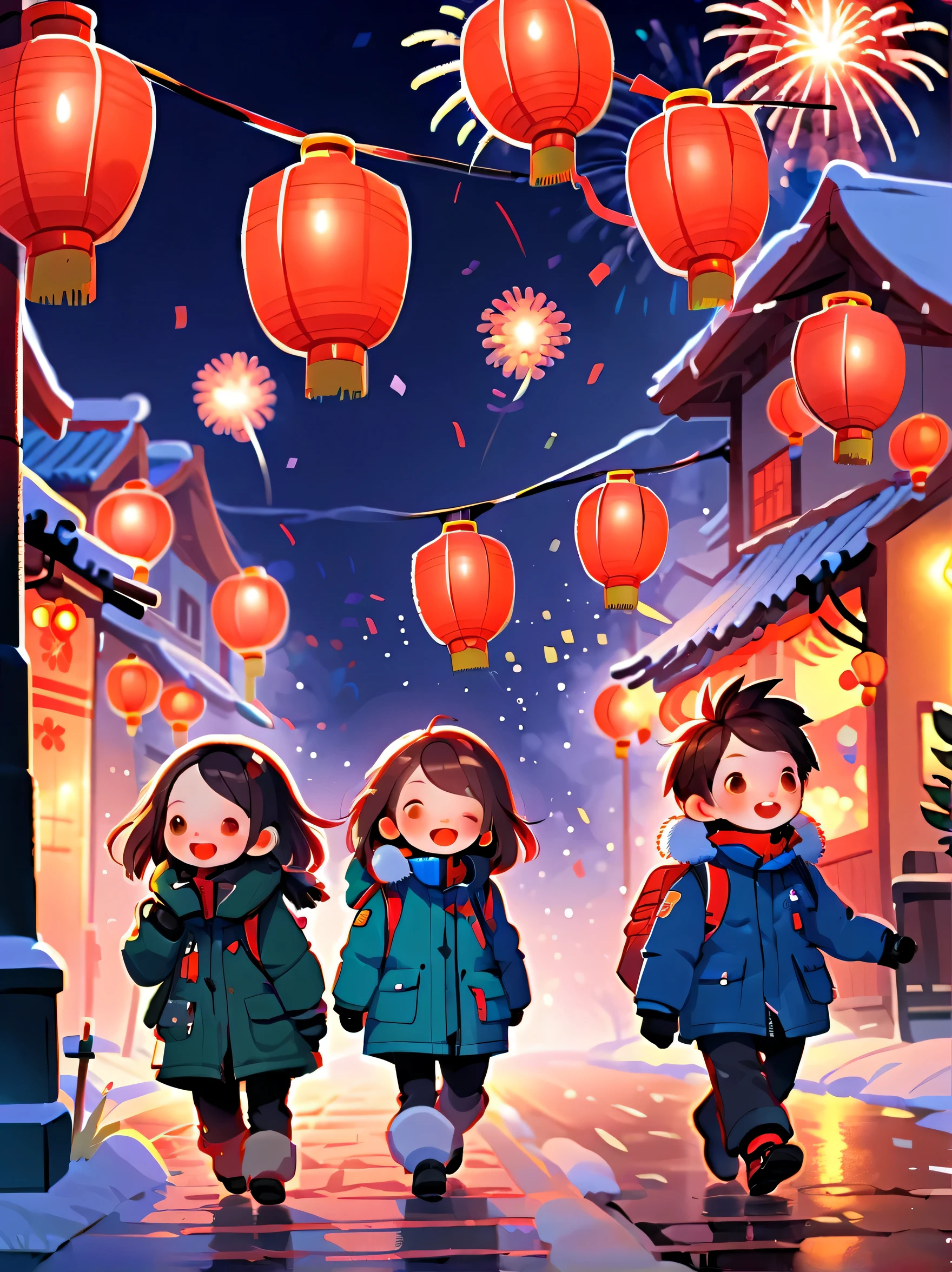(Tim Burton style)，(Illustrations capture the essence of New Year&#39;s Day 2024)，(Modern town，European rural architecture:1.2), ((Lanterns and festoons))，It's snowing，In the joyful atmosphere of the New Year，(5 children wearing down jackets set off firecrackers:1.3)，(There are many fireworks in the sky:1.2)，the picture was beautiful，(Detailed and vivid children&#39;Hand drawn illustrations)，Show people&#39;s expressions, (NSFW), tchibi