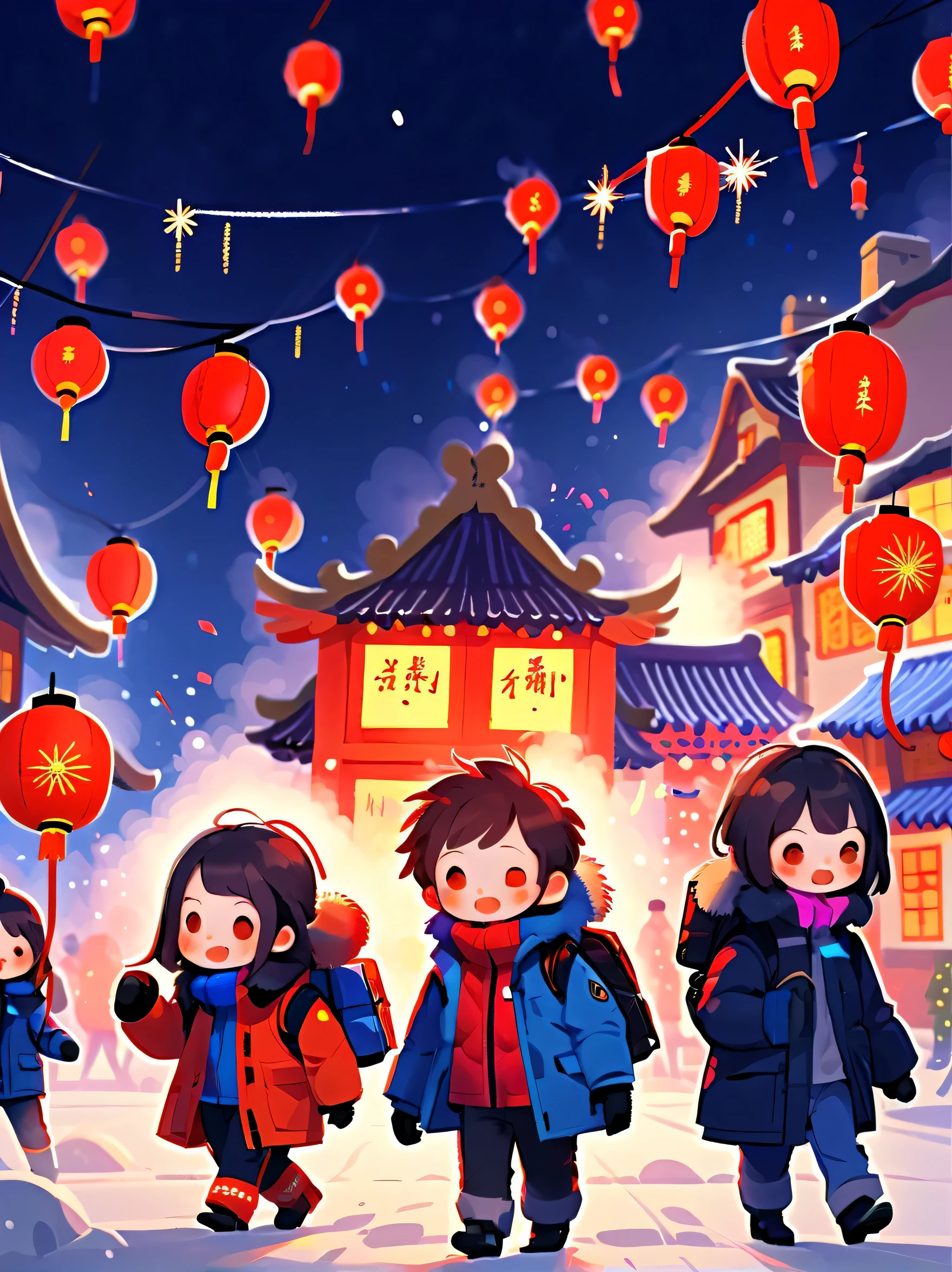 (Tim Burton style),(Illustrations capture the essence of New Year's Day 2024),(Modern town,European rural architecture:1.2), ((Lanterns and festoons)),It's snowing,In the joyful atmosphere of the New Year,(5 children wearing down jackets set off firecrackers:1.3),(There are many fireworks in the sky:1.2),the picture was beautiful,(Detailed and vivid children'Hand drawn illustrations),Show people's expressions, (NSFW), tchibi