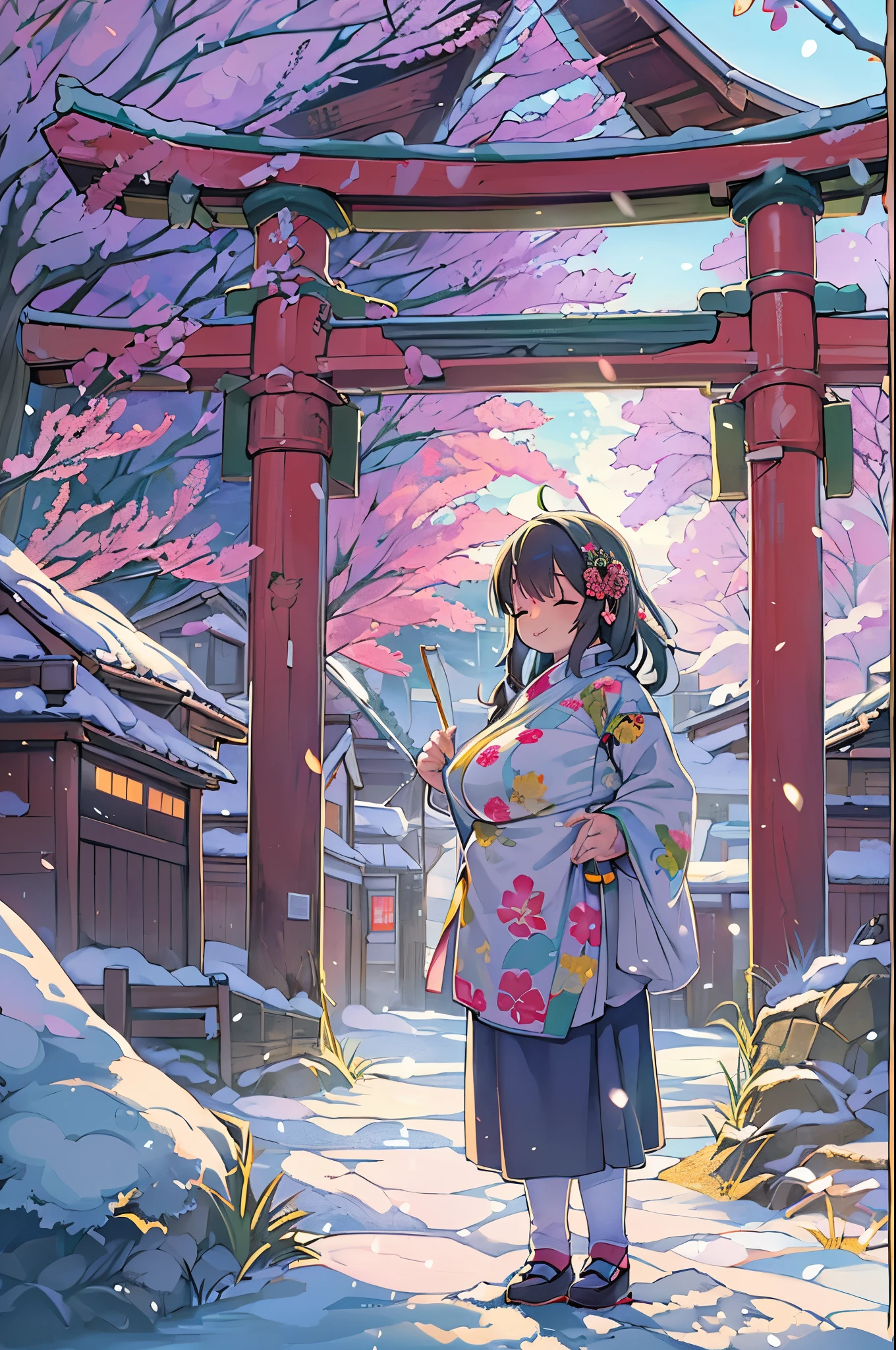 huge-breasted、kawaii、(Sunny Clothes)、torii gate,((Oblique angle))、{{close up to face}}、eye closed、bbw、thick thight、big butts、Ultramammy, Winter days, Anime Background Art, japanese art style, beautiful anime scene,detailed scenery - width 672, Background art, Anime landscapes, Anime Background, Beautiful anime scenery, Beautiful peace scenes in anime, landscape artwork, Japan Village, Anime landscapesコンセプトアート, 8K))、New Year’s Day、1 moon,Hand in hand、pray