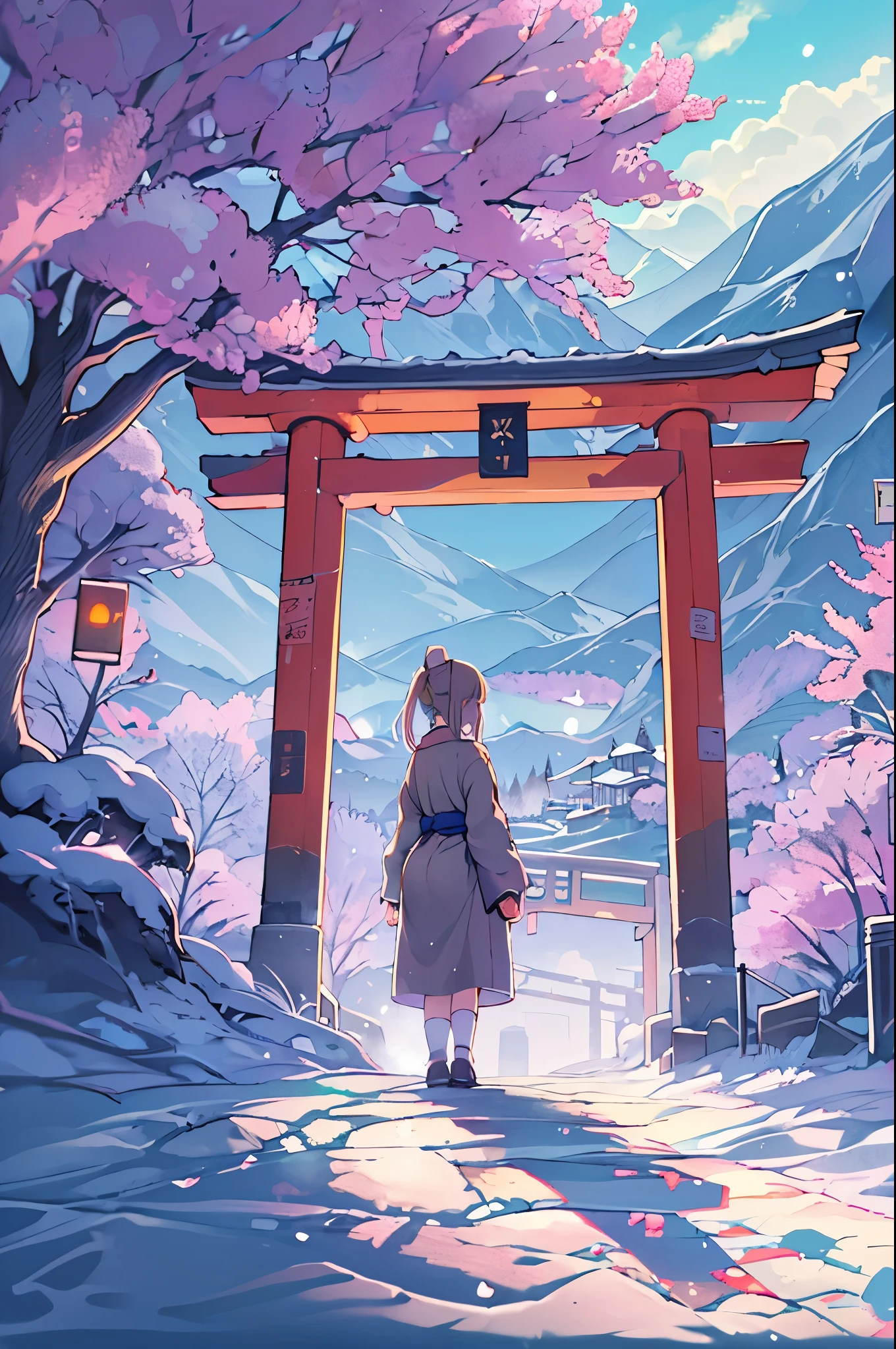 huge-breasted、kawaii、(Sunny Clothes)、torii gate,((Oblique angle))、{{close up to face}}、eye closed、bbw、thick thight、big butts、Ultramammy, Winter days, Anime Background Art, japanese art style, beautiful anime scene,detailed scenery - width 672, Background art, Anime landscapes, Anime Background, Beautiful anime scenery, Beautiful peace scenes in anime, landscape artwork, Japan Village, Anime landscapesコンセプトアート, 8K))、New Year’s Day、1 moon,Hand in hand、pray