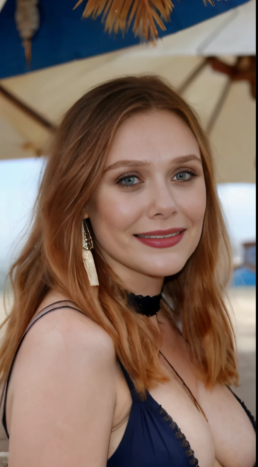 (Elizabeth Olsen ,with ginger hair and blue eyes), ( hanging breasts), (skindentation:1.3), (chubby:1.4), (voluptuous:1.4), thick eyelashes, long eyelashes, (wearing choker), smile, blushing, earrings, ((afternoon:1.5)), (sand, palm trees, beach umbrellas, beach chairs, crowd, beach:1.3), comfy, cosy, looking at viewer, detailed skin