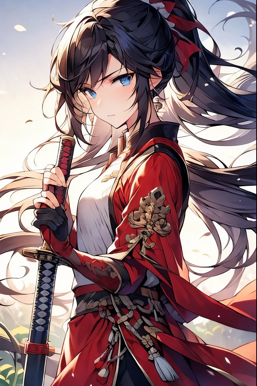 (Best quality at best,A high resolution,The image is clear，:1.2),A handsome young man holding a sword，Chinese style clothes，high ponytails，natta，Garden scene,under moonlight,starrysky