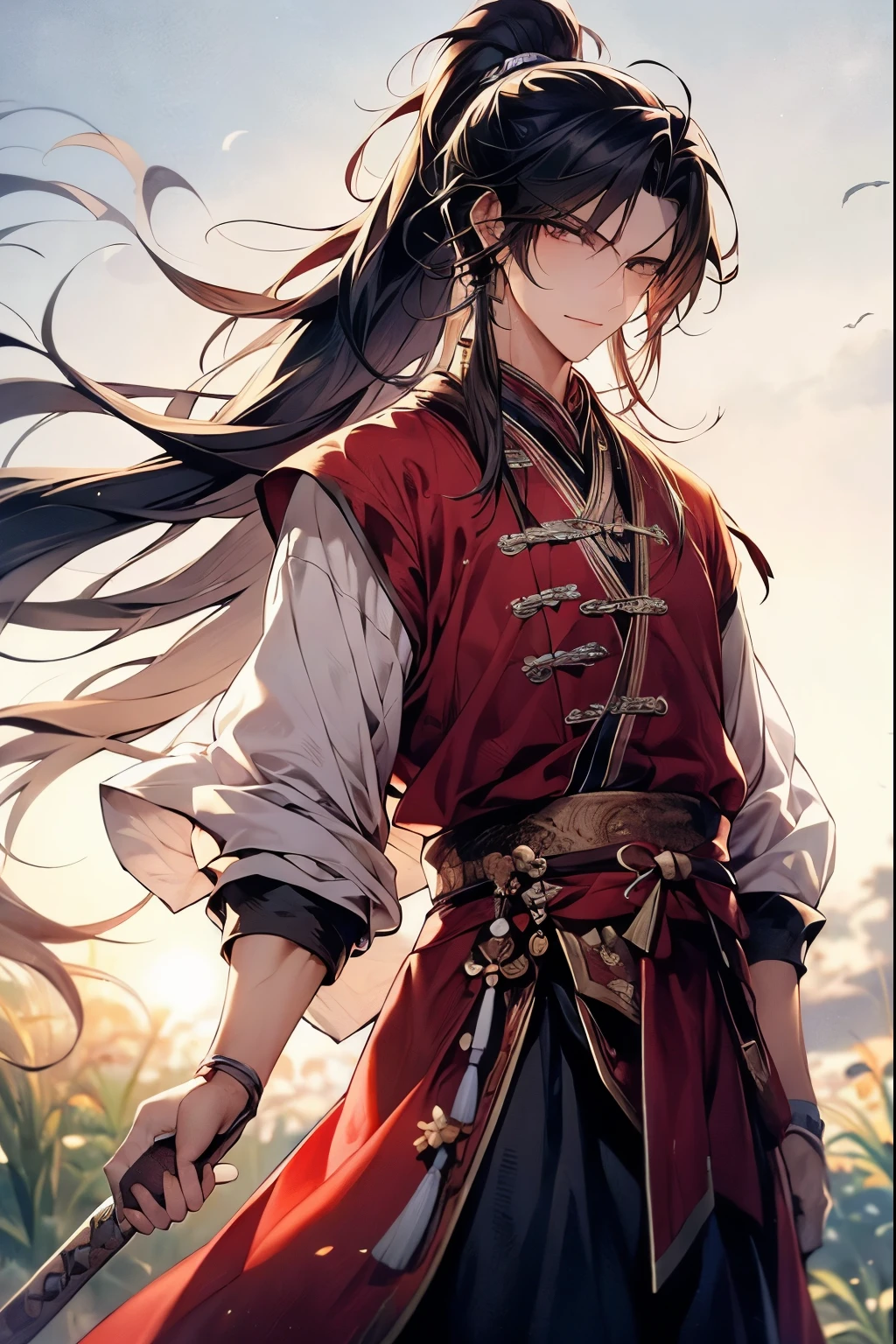 (Best quality,A high resolution,The image is clear,:1.2),A handsome young man holding a sword,Chinese-style clothes,high ponytails,natta,Garden scene,under moonlight,starrysky