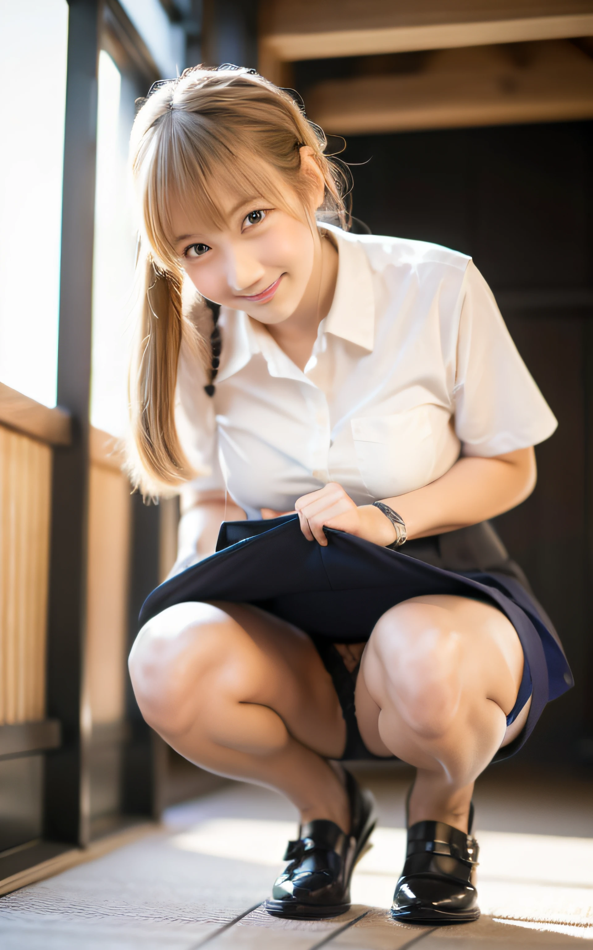 Beautiful Girl, (Skirt lifting), ((Show panties)), looking in camera, Angle from below, Short skirt, Squatting, Shy smile, Japan school uniform, a blond, ((of the highest quality, 16 K, masutepiece: 1.3)), 1 girl, Light on Face, hyperdetailed face, very detailed lips, Detailed eyes