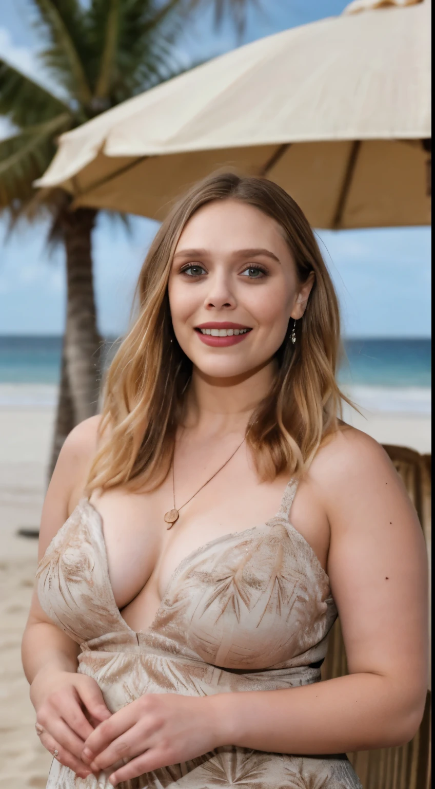 ((Photograph of Elizabeth Olsen ) (random shot, full body photograph) (insanely detailed skin texture, hyper photorealistic texture, detailed features, depth of field), ( hanging breasts), (skindentation:1.3), (chubby:1.4), (voluptuous:1.4), thick eyelashes, long eyelashes, (wearing choker), smile, blushing, earrings, (afternoon:), (sand, palm trees, beach umbrellas, beach chairs, crowd, beach), comfy, cosy, looking at viewer, detailed skin