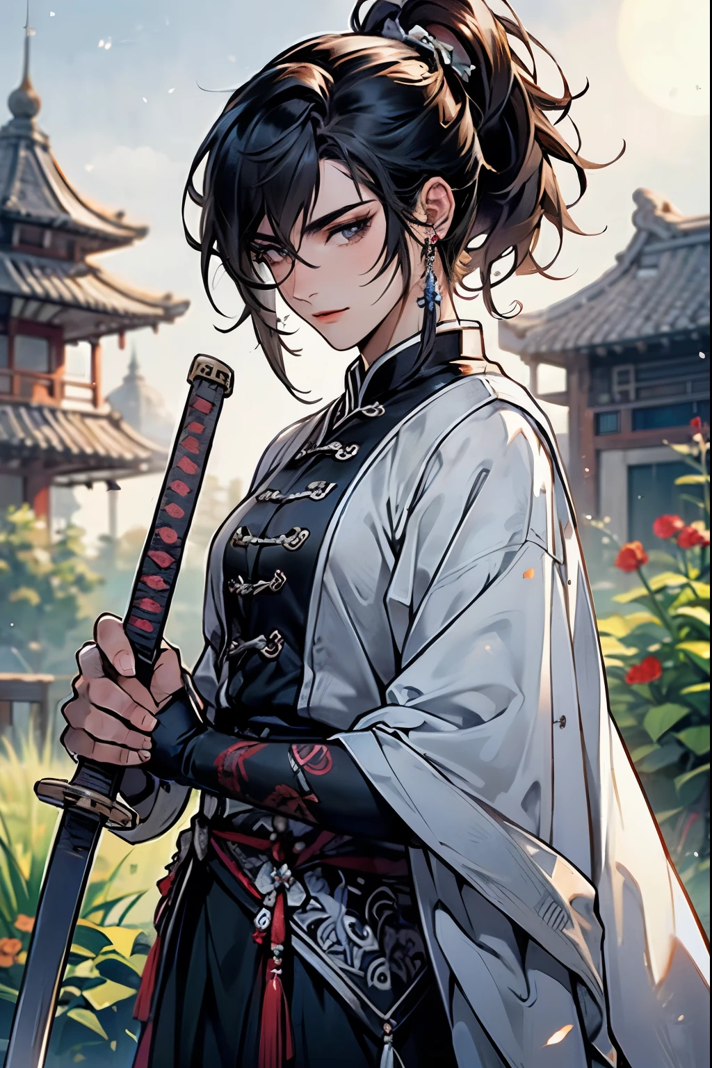 (Best quality,A high resolution,The image is clear，:1.2),A handsome young man holding a sword，Chinese-style clothes，high ponytails，natta，Garden scene,under moonlight,starrysky