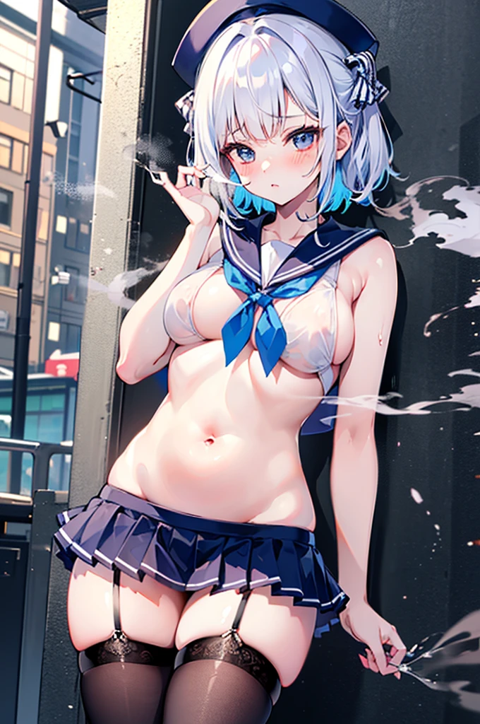 Perfect human body，1 girl，Thin girl， (the street), 鎖骨，Sleeveless sailor suit，Bow knot，Low-rise miniskirt，reveal flat belly，semi transparent，(White stockings)，((woman with fever)), ((perspired,Steaming,college aged))), Colossal titpression of color)), (Blushlush:1.2),