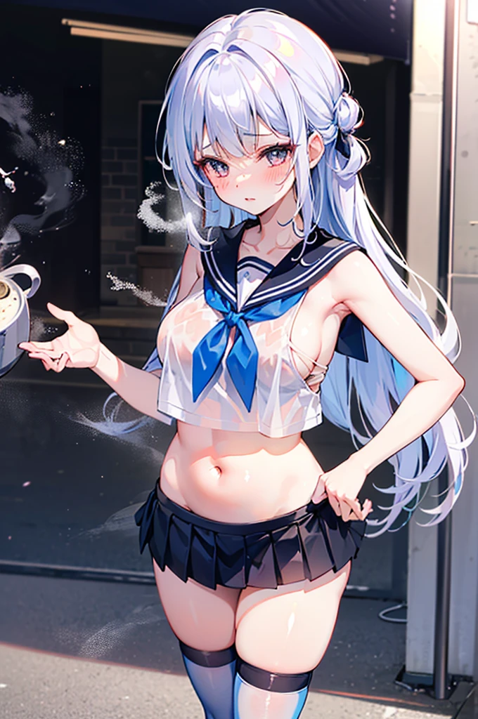 Perfect human body，1 girl，Thin girl， (the street), 鎖骨，Sleeveless sailor suit，Bow knot，Low-rise miniskirt，reveal flat belly，semi transparent，(White stockings)，((woman with fever)), ((perspired,Steaming,college aged))), Colossal titpression of color)), (Blushlush:1.2),