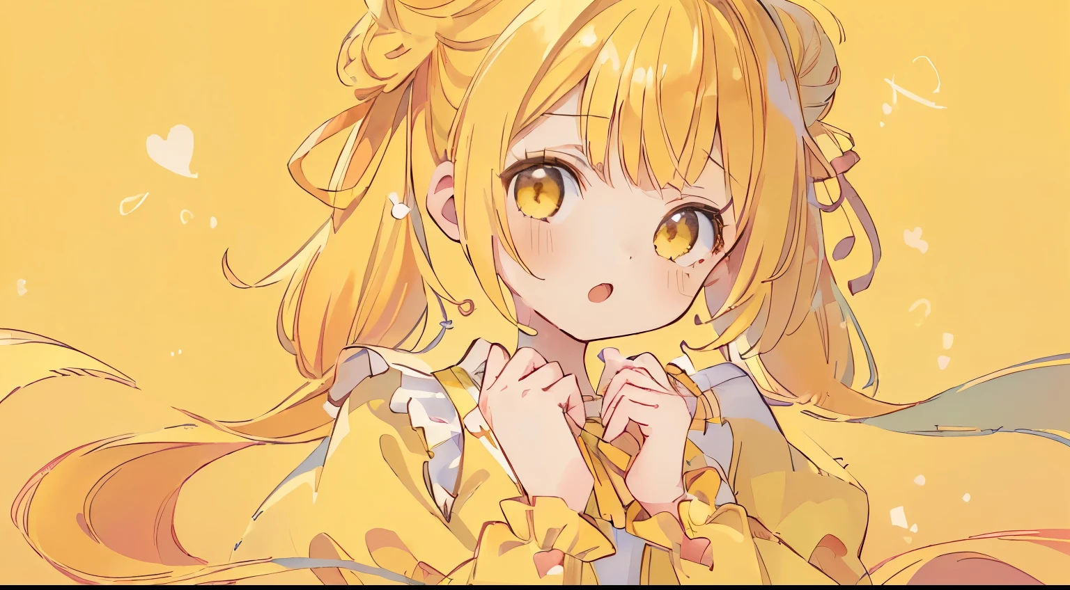 absurderes, hight resolution, (Anime style:1.1), ((masutepiece)), ((Best Quality)), (Ultra-detailed), (Beautiful),Beautiful face、(liftup),Cute *********** s、(((Twin-tailed、Bun hair、Yellow hair、Long、ロングTwin-tailed)))(((Yellow dress、frilld、Orange Ribbon)))(()Delicate eyes、Yellow eyes、Mine clothing、)(((((The upper part of the body、hands are heart、((hands are heartの形)))))))Stuffy face、round mouth(((Yellow background、Background Simple)))(((((Long)))))(((8K、Top image quality、masutepiece、)))(((((((((1girl in)))))))))Solitude