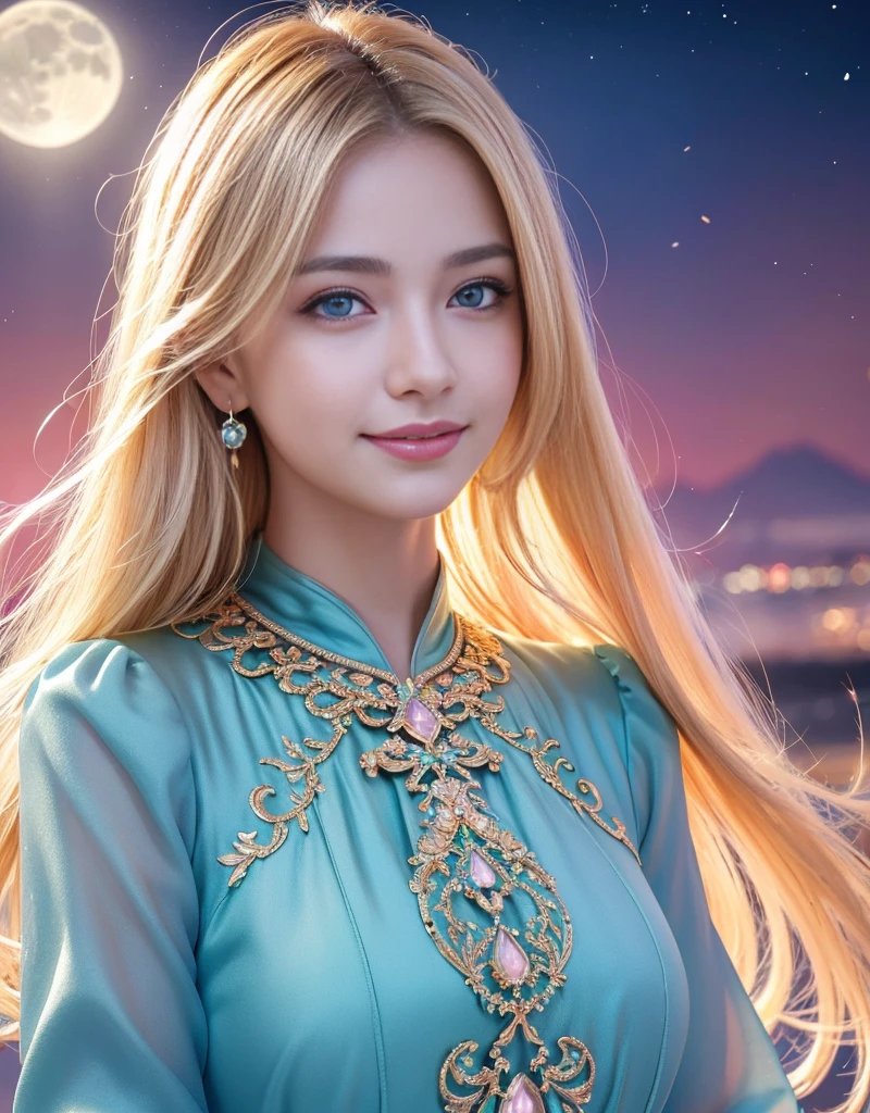 Ana de Armas portrait photo, blonde with blue eyes,Very long hair,Glowing and radiant skin,oilly skin,tmasterpiece, (美丽细致的眼睛:1.1), Best quality at best, illustratio, (Detailed lighting:1.2), (Beautiful and detailed light:1.3), Translucent clothes in various colors, deep understanding, The beautiful, iintricate, digitial painting, smooth private parts, Focus sharp, The end of the world, Epic reality, (HighDynamicRange:1.4), (pastel colour:1.4), apocalytic, abandon, com cores neutras, the night, Screen space refraction, (iintricate details, ultra - detailed:1.3), art stations, Cinema lenses, 小illustratio, the complex background, buliding,Enchanted smile,Detailed moon background,jewely,(独奏,1 girl,)